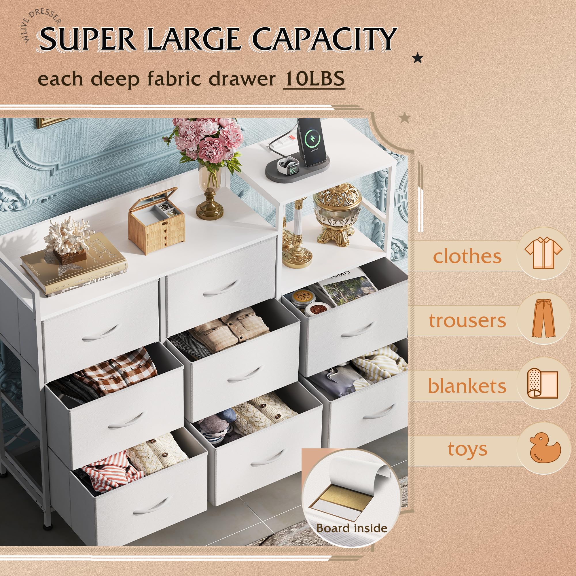 WLIVE White Dresser TV Stand with Charging Station & 8 Drawers - Wood Top Fabric Storage Cabinet for Bedroom, Living Room, Hallway - Perfect for Organizing Clothes, Electronics & Home Decor