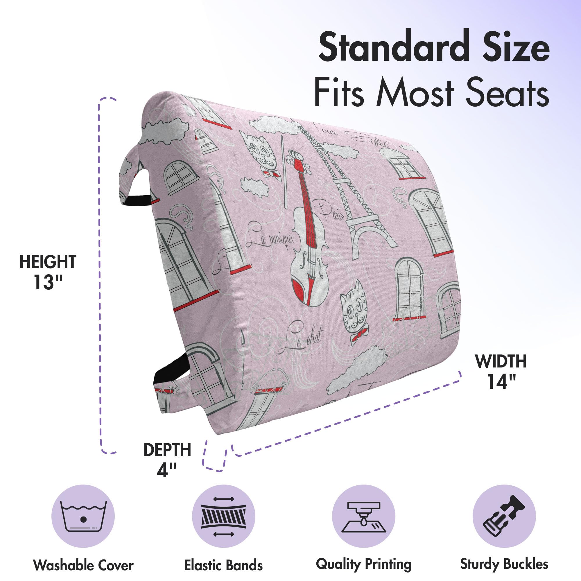 Ambesonne Paris Lumbar Support Pillow - Abstract Cityscape with Violin Cat & Eiffel Tower Design | High Density Foam for Office Chair & Car Seat | 14x13 Inches in Pale Pink Scarlet White | Perfect for Back Pain Relief & Comfort While Working or Traveling