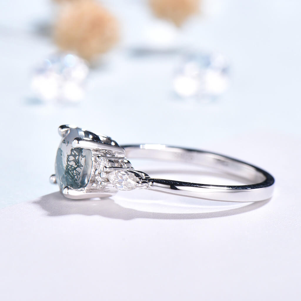 Art Deco Dainty Round Moss Agate Nadia Engagement Ring - Vintage Inspired Wedding Band for Women, 14K Gold Plated Sterling Silver, Perfect for Proposals, Anniversaries & Romantic Occasions