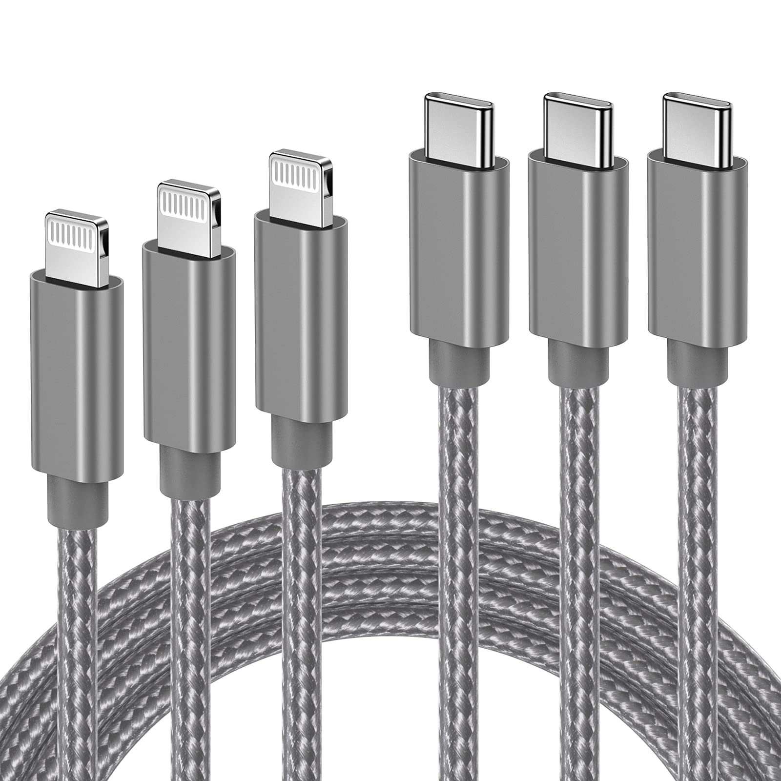 Quntis MFi Certified USB C to Lightning Cable 3Pack (3/6/10 FT) - Nylon Braided Fast Charging Cable for iPhone 14 13 12 11 Pro Max XS XR 8 & iPad - Durable Charger for Home, Office & Travel (Grey)