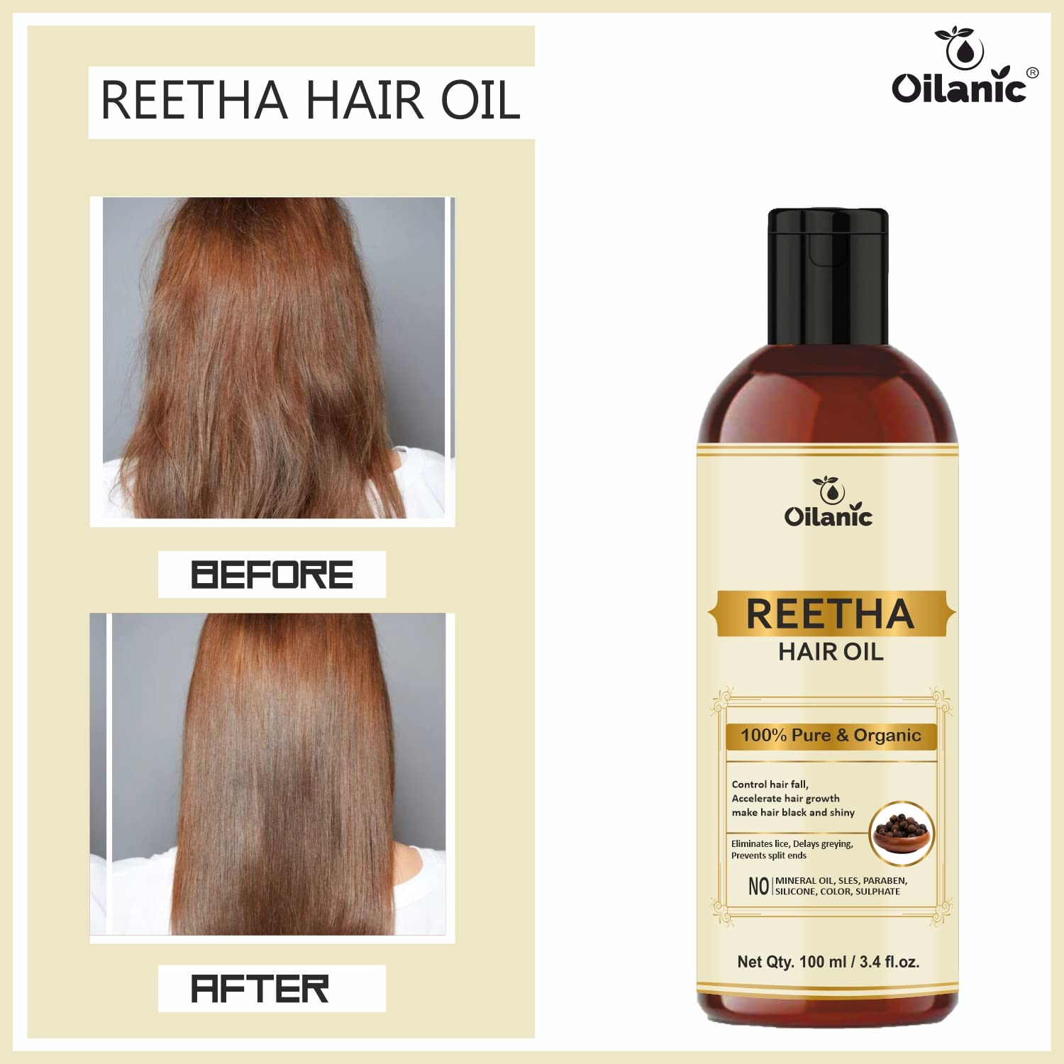 Oilanic Reetha Hair Oil for Longer & Stronger Hair Growth | 100% Natural Herbal Formula | Adds Volume & Shine | Unisex Treatment (Pack of 2 x 100ml) | Perfect for Daily Hair Care & Scalp Massage