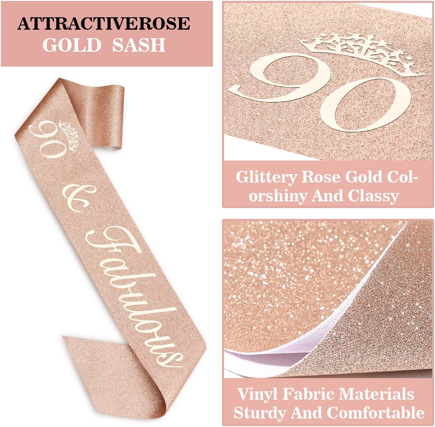 90th Birthday Party Decorations for Women - 'Not a Day Over Fabulous' Compact Mirror, Sash & Crown Set, Cake Topper & Candles - Perfect 90 Year Old Gifts for Grandma, Mother & Senior Women (Great for Milestone Celebrations & Photo Booths)