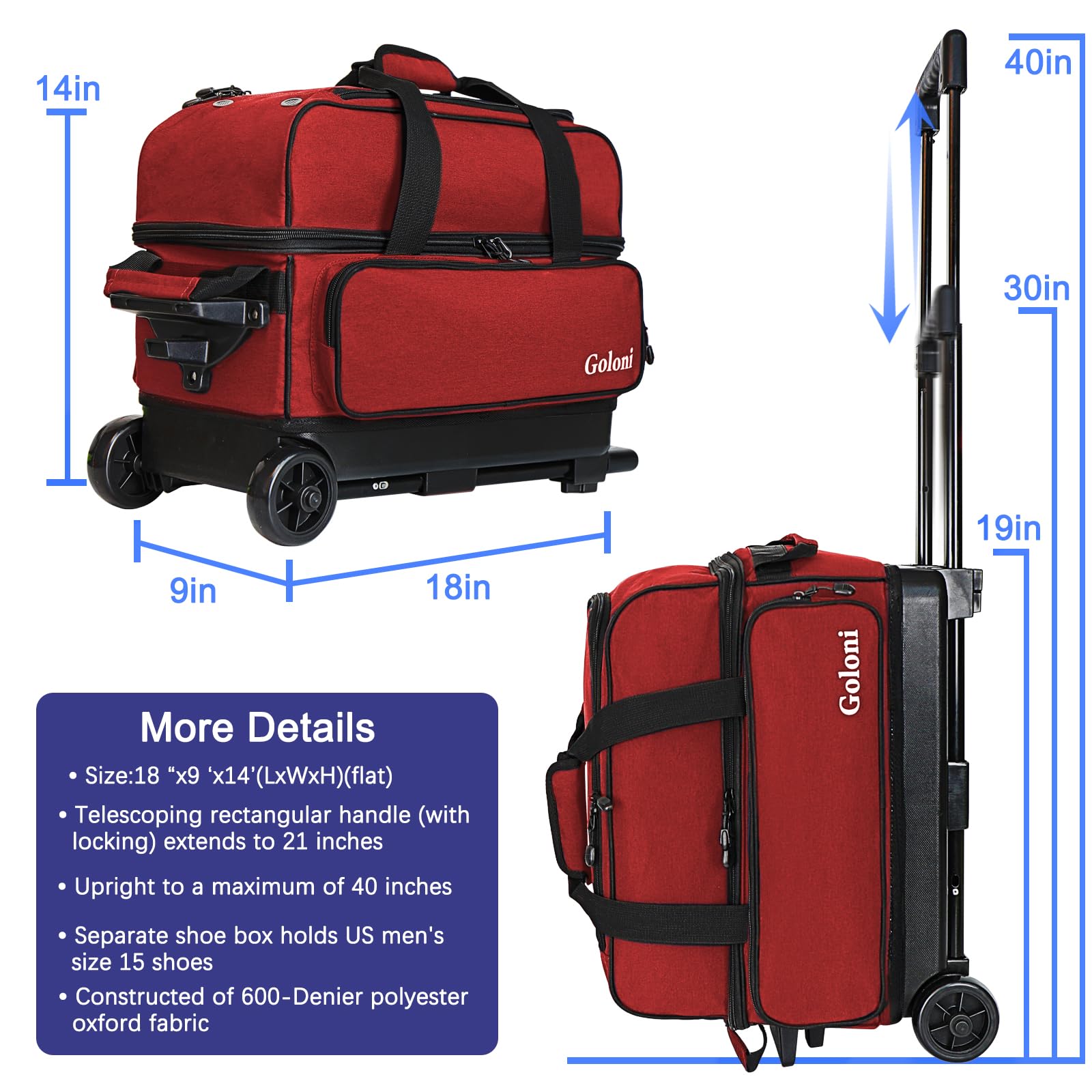 Goloni 2 Ball Bowling Bag with Wheels - Double Roller Design, Separate Shoe Compartment & Retractable Handle (Extends to 40