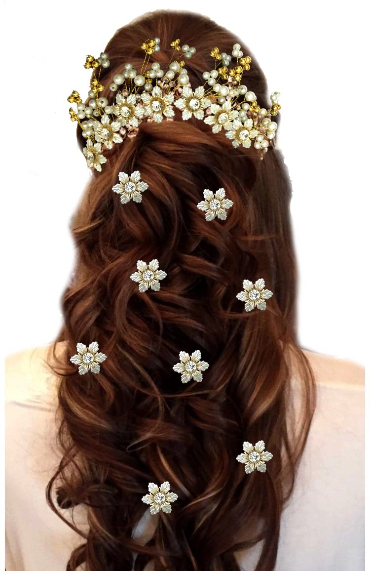 Elegant Pearl Hair Flair Hair Vien & Hair Pins Set - Golden Bridal Hair Accessories for Women & Girls (Combo 2208/2154) - Perfect for Weddings, Prom, Parties & Special Occasions