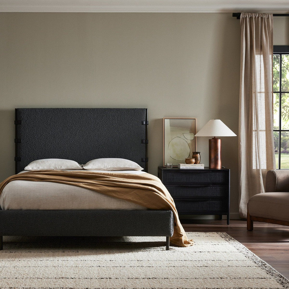 Anders Bed Frame - Knoll Charcoal Queen Size Platform Bed with Headboard | Modern Minimalist Bedroom Furniture for Small Spaces & Guest Rooms