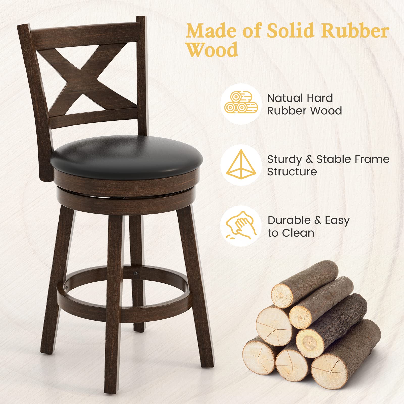 ERGOMASTER Dark Brown Swivel Bar Stools - 24 Inch Counter Height Barstool with Adjustable Seat - Modern Kitchen & Pub Stool for Home, Restaurant & Bar Use (Set of 1)