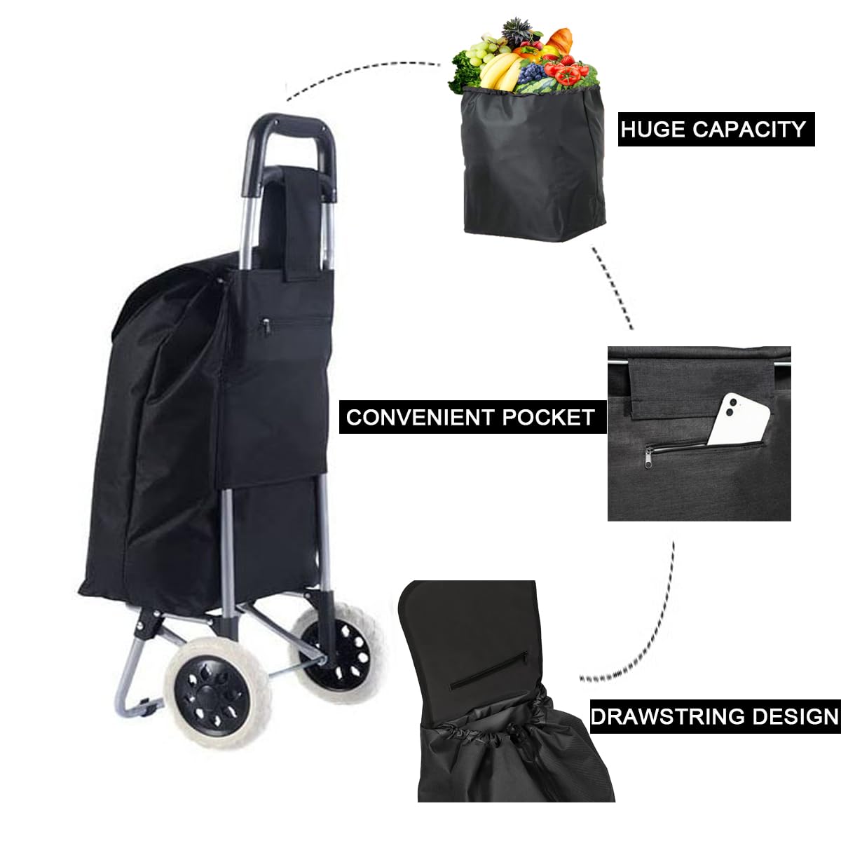 59L Foldable Lightweight Shopping Cart - Durable 2-Wheel Grocery Trolley with Easy Storage | Perfect for Supermarket Trips, Farmers Markets & Heavy Grocery Hauling (Black)