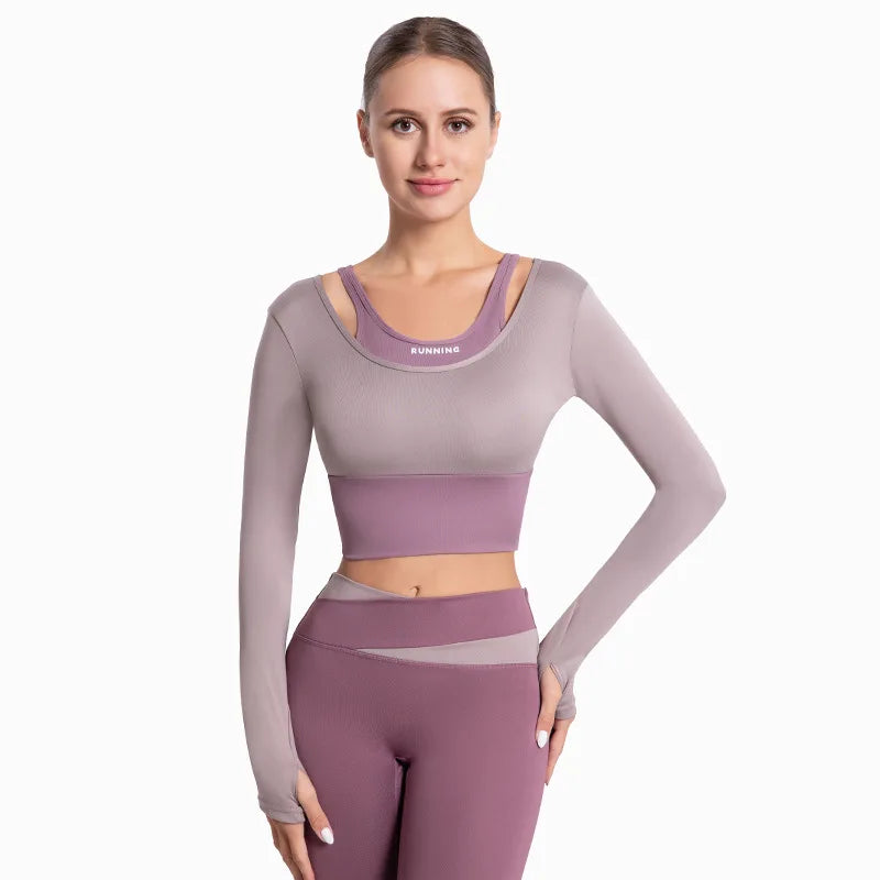 Women's High Waist Yoga Set - Long Sleeve Fitness Vest with Pads & Sports Leggings Bra - Autumn Winter Workout Outfit for Gym, Running & Yoga