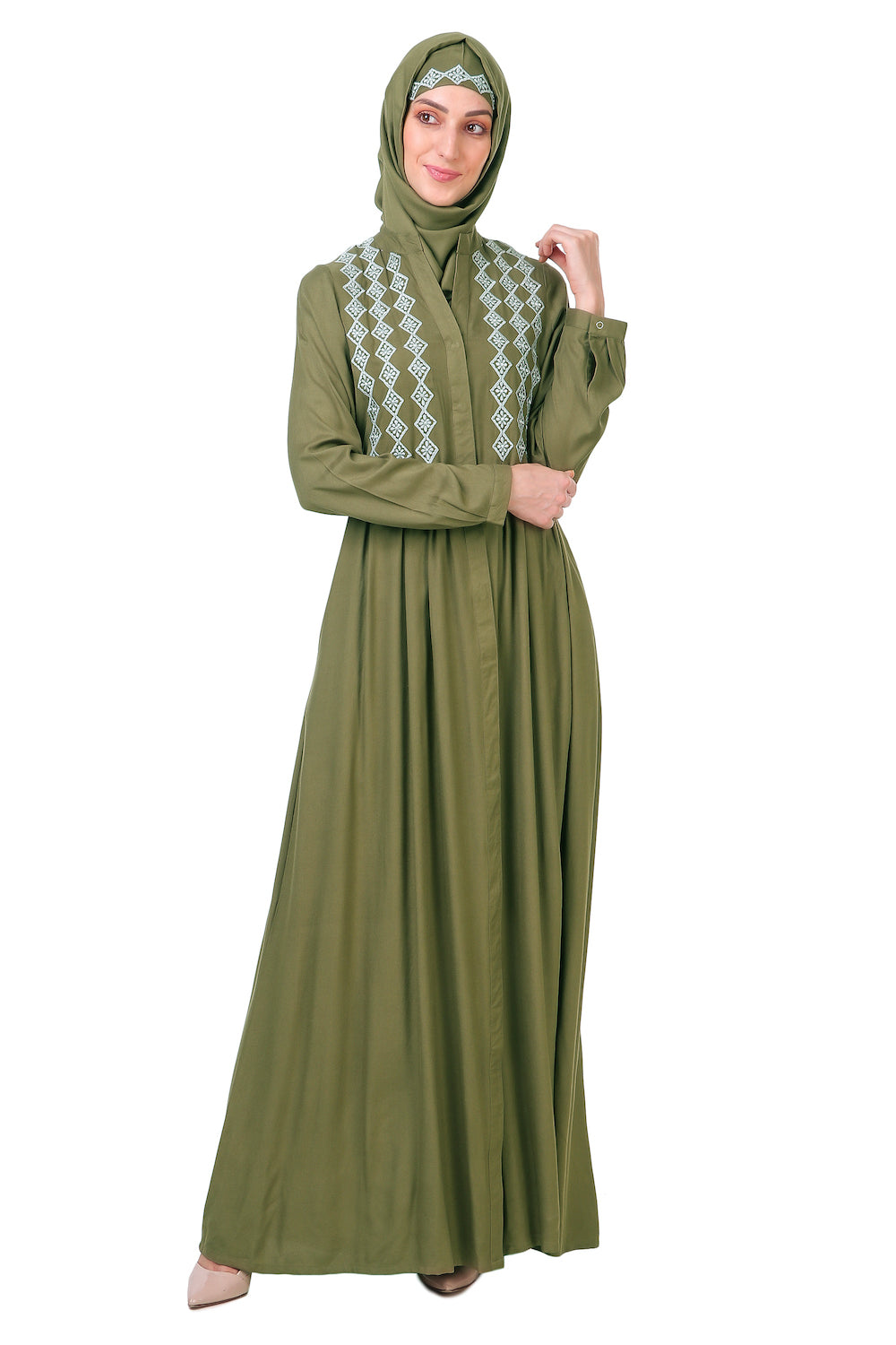 Embroidered Shirtdress Rayon Abaya - Elegant Long Sleeve Flowy Maxi Dress for Women | Perfect for Prayer, Modest Fashion & Special Occasions