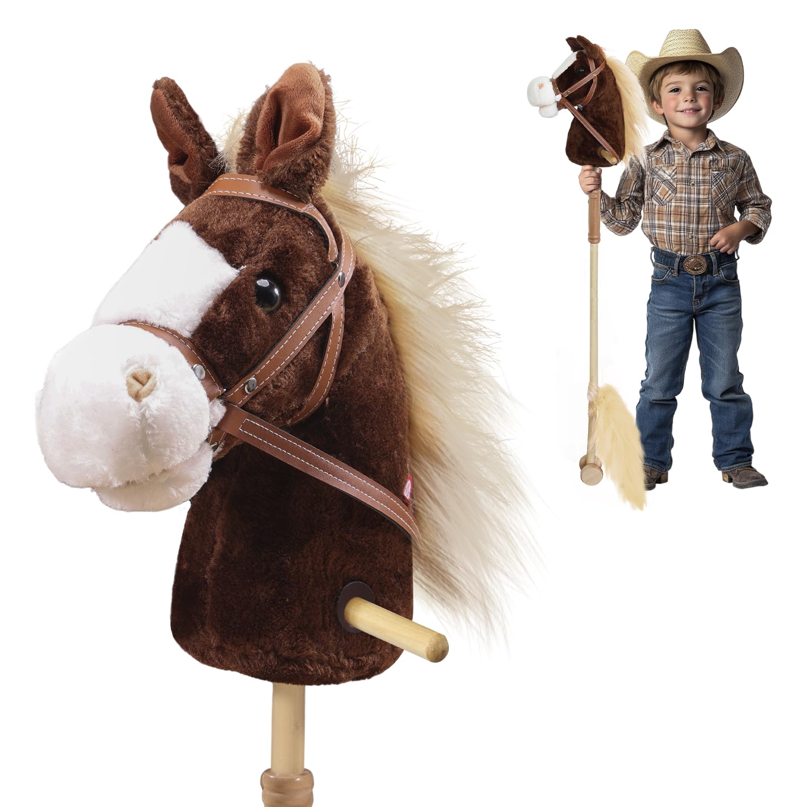 Realistic Plush Stick Horse Toy with Wooden Wheels & Galloping Sounds - Fun Pretend Play for Toddlers & Preschoolers (AA Batteries Included) - Perfect for Birthday Gifts, Outdoor Play & Imaginative Role-Playing Games