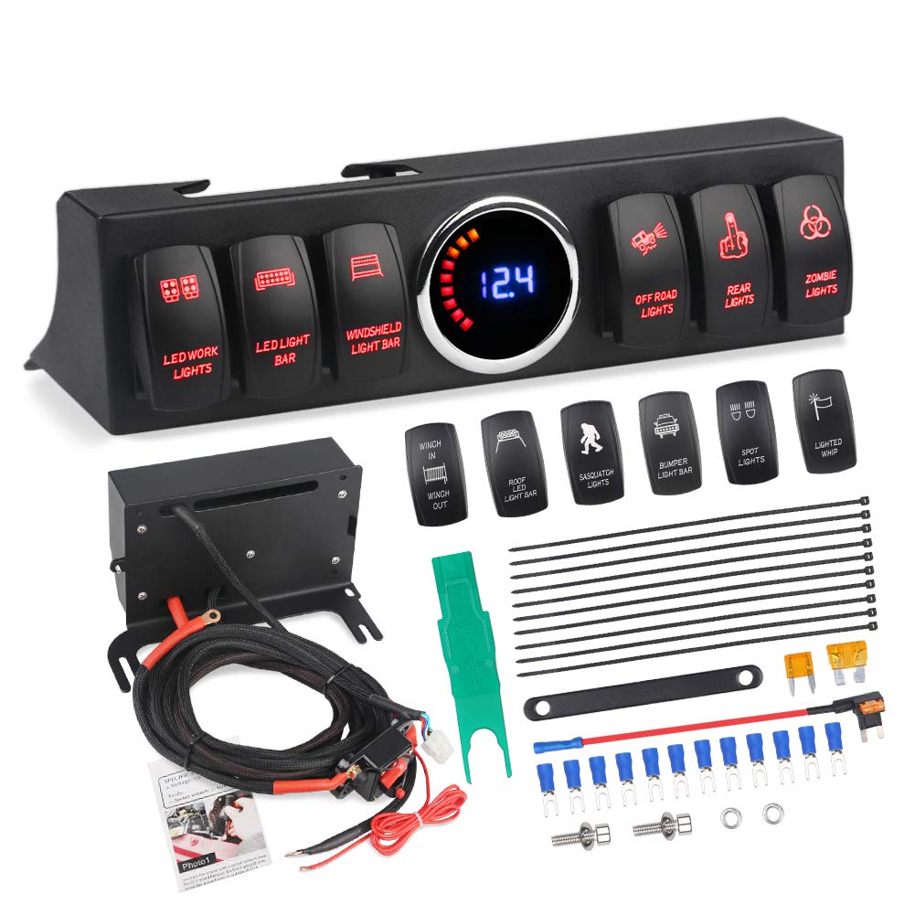 **WATERWICH 6-Switch Pod Toggle Switch Panel with Wiring Harness Kit – Overhead & Source Control System for Jeep Wrangler – Includes 12 Switch Covers & Clip Remover (Red) – Perfect for Off-Road, Overlanding & Custom Jeep Mods**