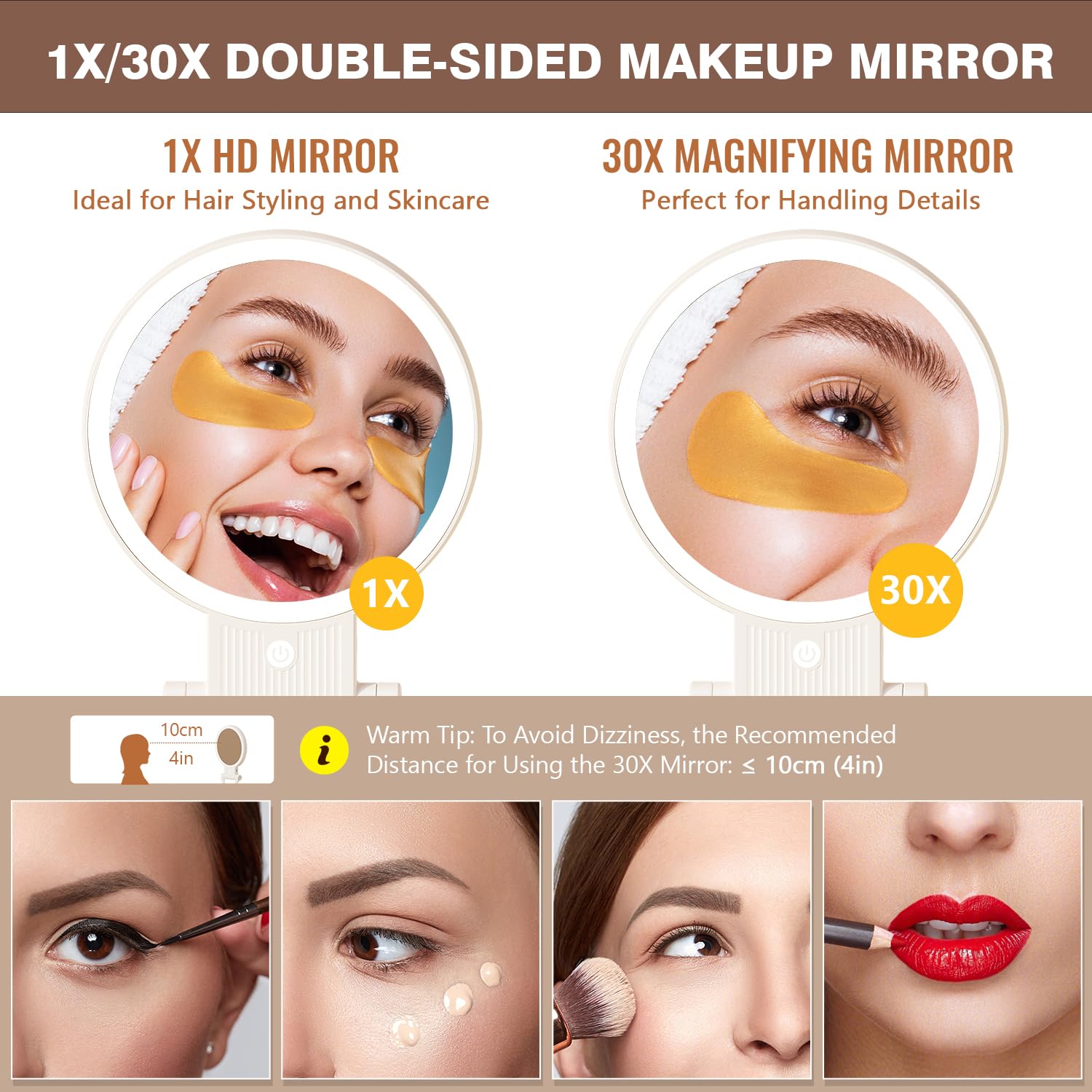 30X Magnifying Mirror with LED Light - Double Sided Makeup Mirror with Adjustable Handle, Portable Travel Vanity Mirror with Tweezers - Perfect for Home, Bathroom & Travel Makeup Application