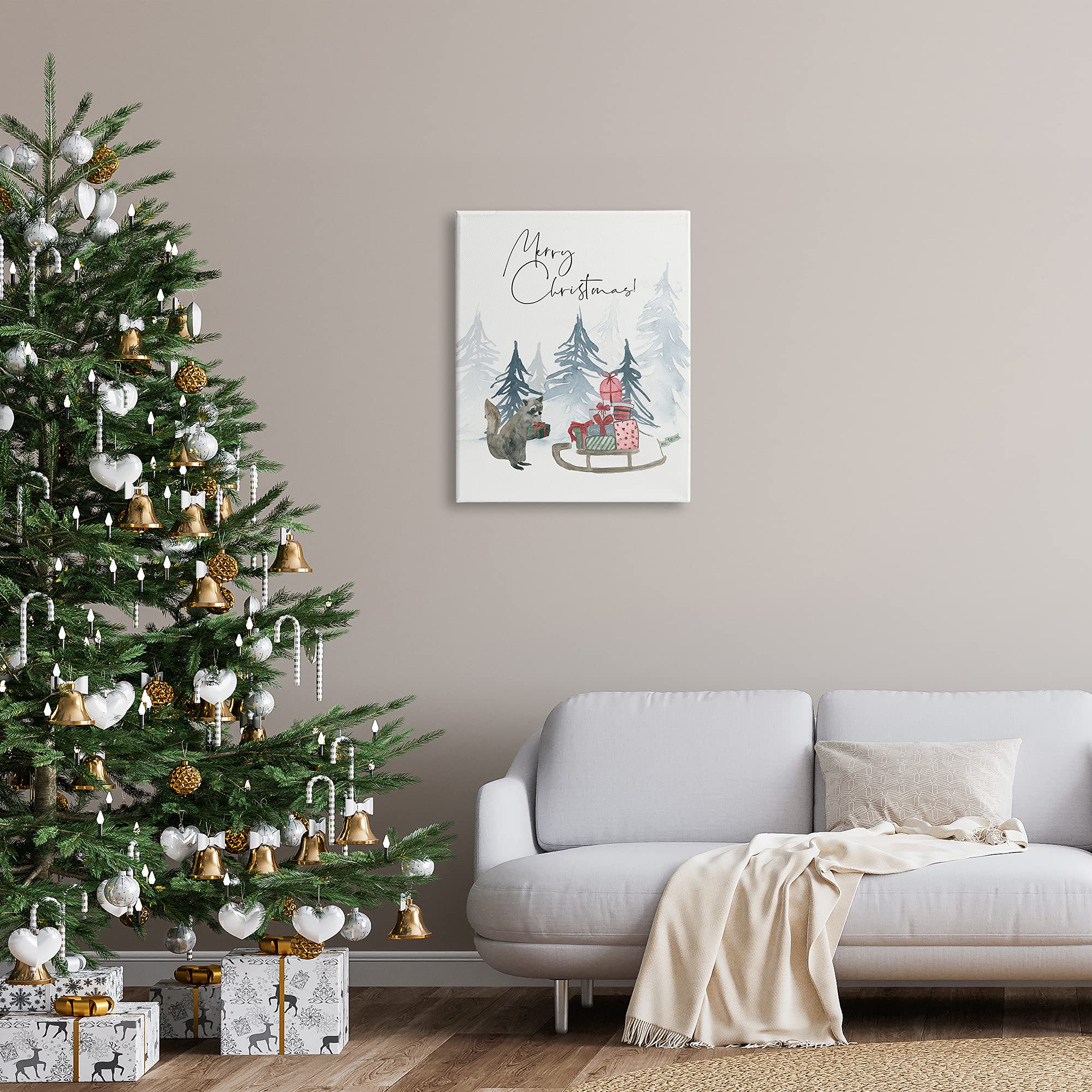 Stupell Industries Merry Christmas Canvas Wall Art - Adorable Raccoon Forest Present Sleigh Design by Lucille Price - 24x30 Inches Grey - Perfect for Holiday Home Decor, Living Room & Christmas Gift