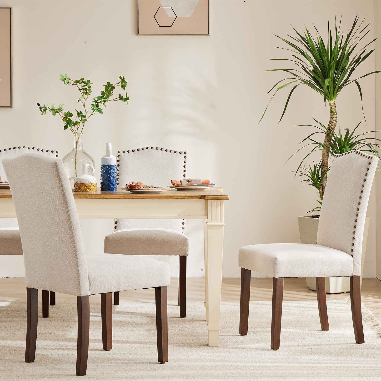 Sweetcrispy Mid Century Modern Dining Chairs Set of 4 - Upholstered Fabric Kitchen & Dining Room Chairs with Nailhead Trim & Wooden Legs - Perfect for Bedroom, Living Room & Home Office - Beige
