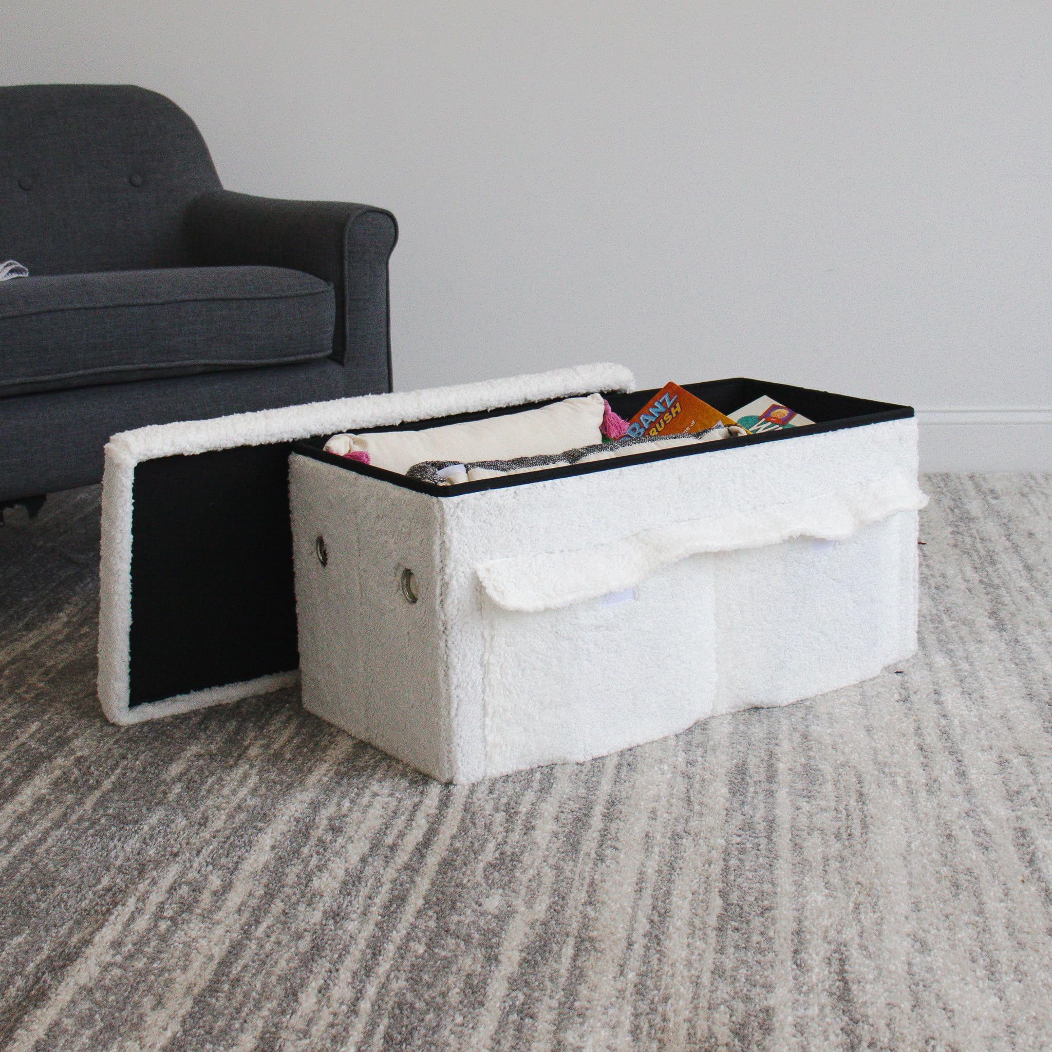 Humble Crew Shaggy Sherpa Collapsible Toy Storage Box Ottoman Bench with Lid - White | Kids Room Organization, Nursery Storage & Playroom Decor