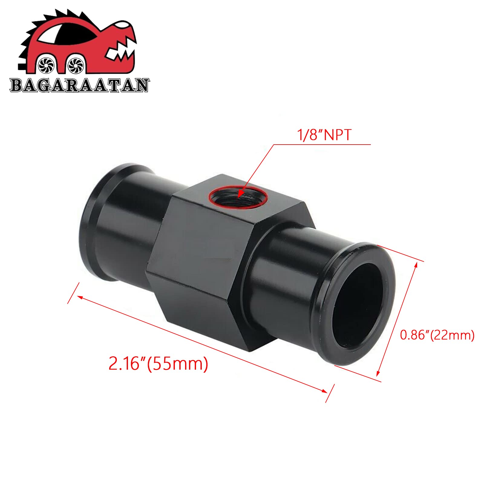 Black Aluminum Water Temperature Gauge Sensor Adapter - 22mm Radiator Hose Pipe Fitting with Clamps | For Automotive Cooling System, Marine Engine & Industrial Equipment Monitoring