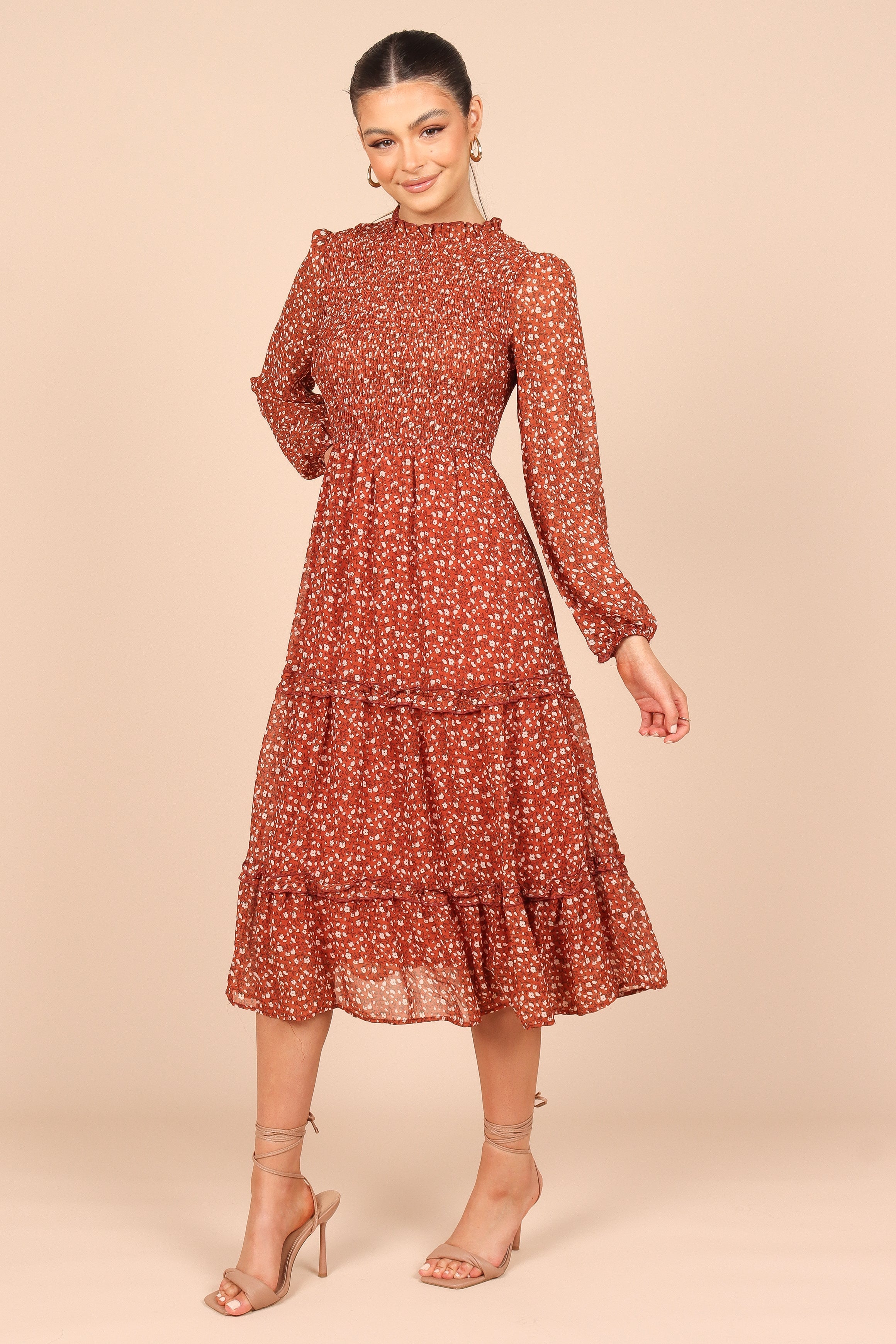 Edwina Women's Rust Floral Shirred Frill Long Sleeve Midi Dress - Elegant Boho Style for Parties, Weddings & Date Nights