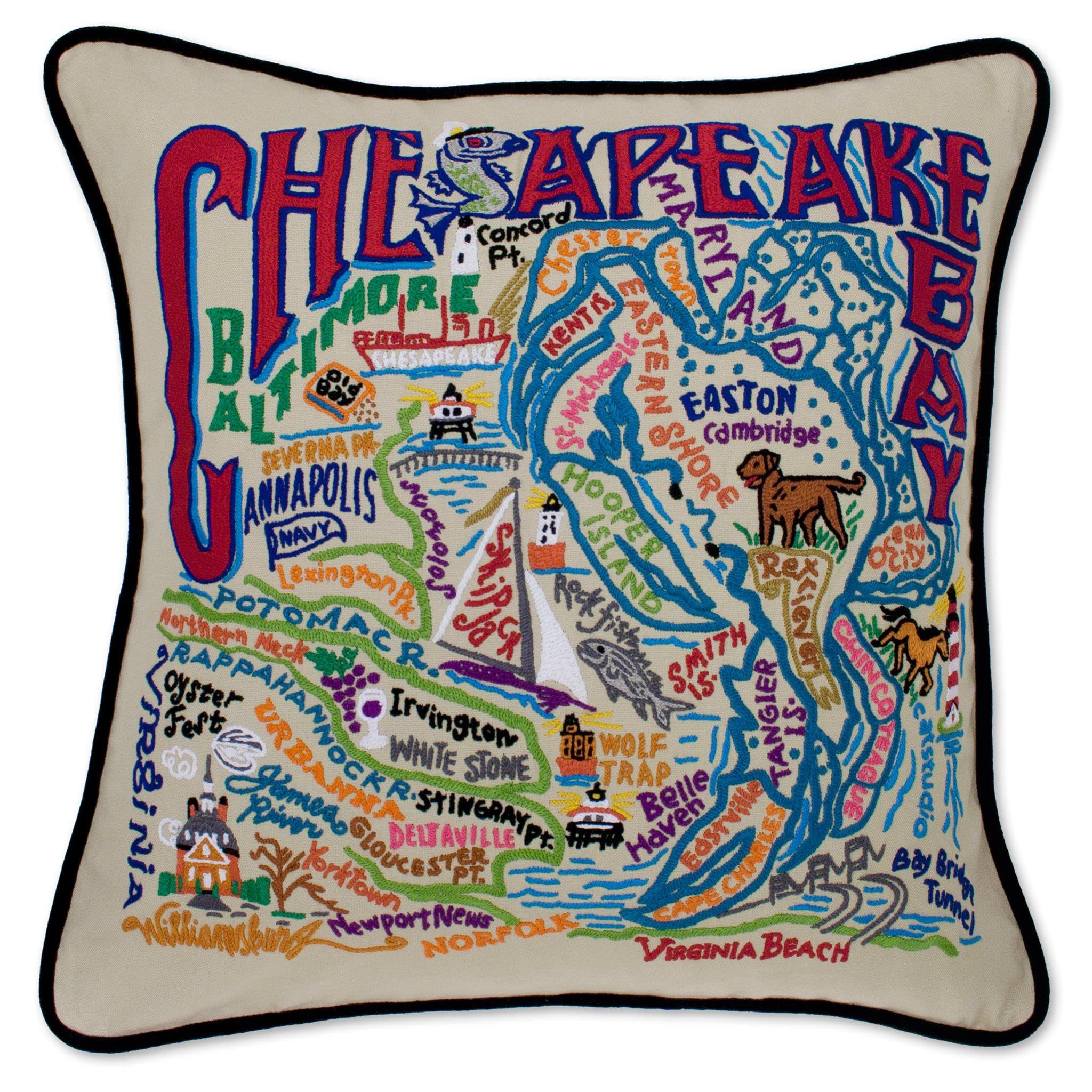 **Catstudio Chesapeake Bay Embroidered Decorative Throw Pillow - Coastal Home Decor, Accent Cushion for Sofa, Bed & Living Room**