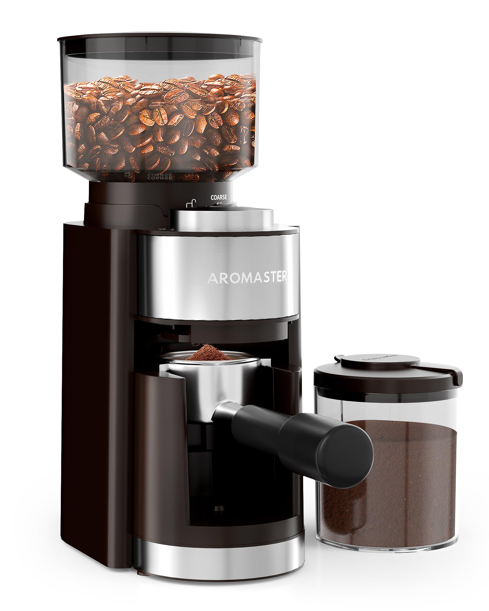 Aromaster Premium Conical Burr Coffee Grinder - 25 Adjustable Grind Settings for Espresso, Pour Over & French Press - Includes 51-53mm Portafilter Holder & 2-12 Cup Timer - Perfect for Home Baristas & Coffee Enthusiasts - Ideal for Morning Brews, Entertaining Guests & Specialty Coffee Preparation