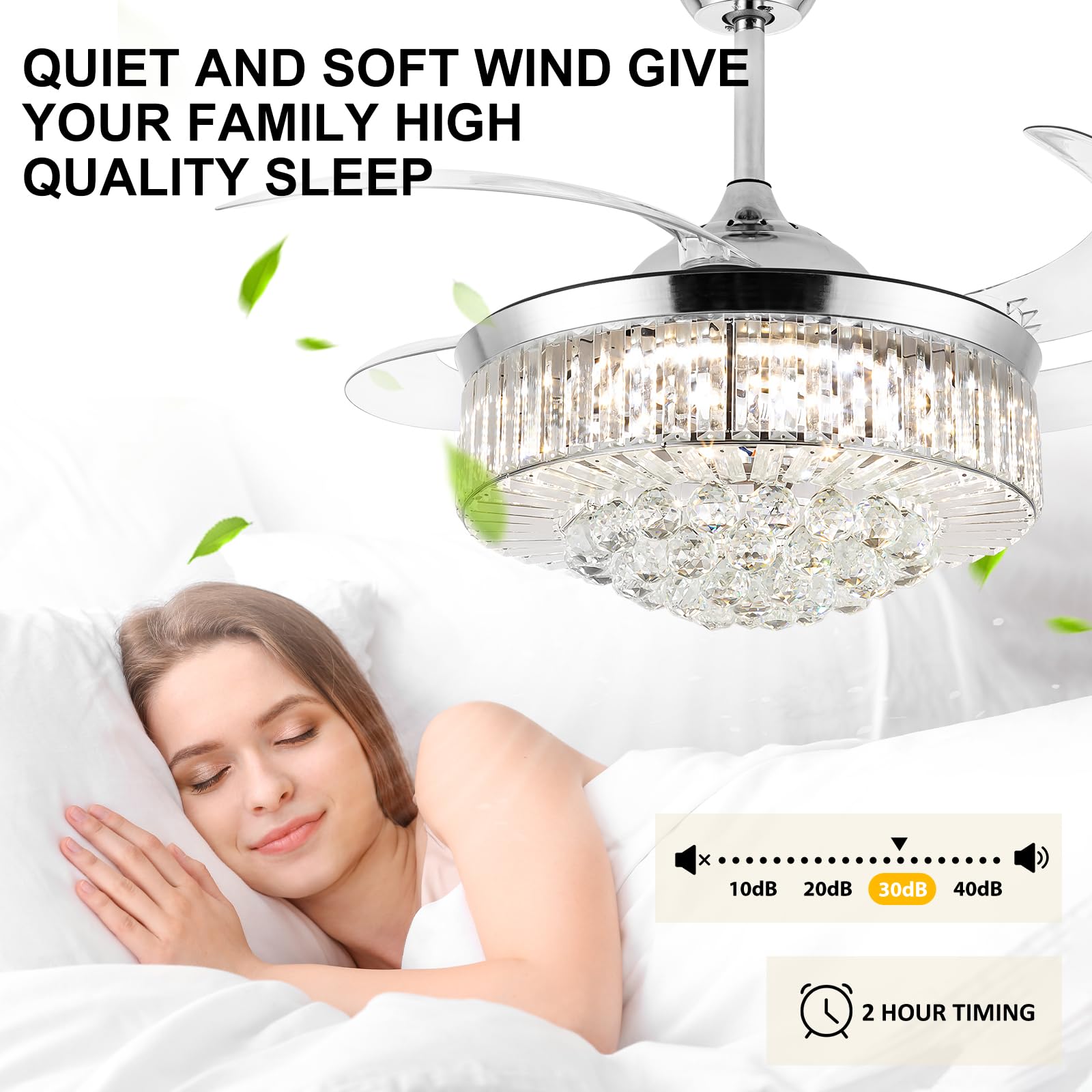36'' Silver Retractable Crystal Chandelier Fan with Light - Remote Control, Dimmable, Reversible Blades - Perfect for Dining Room, Living Room & Bedroom Ceiling Decor | Elegant Cooling & Lighting Solution for Home & Office