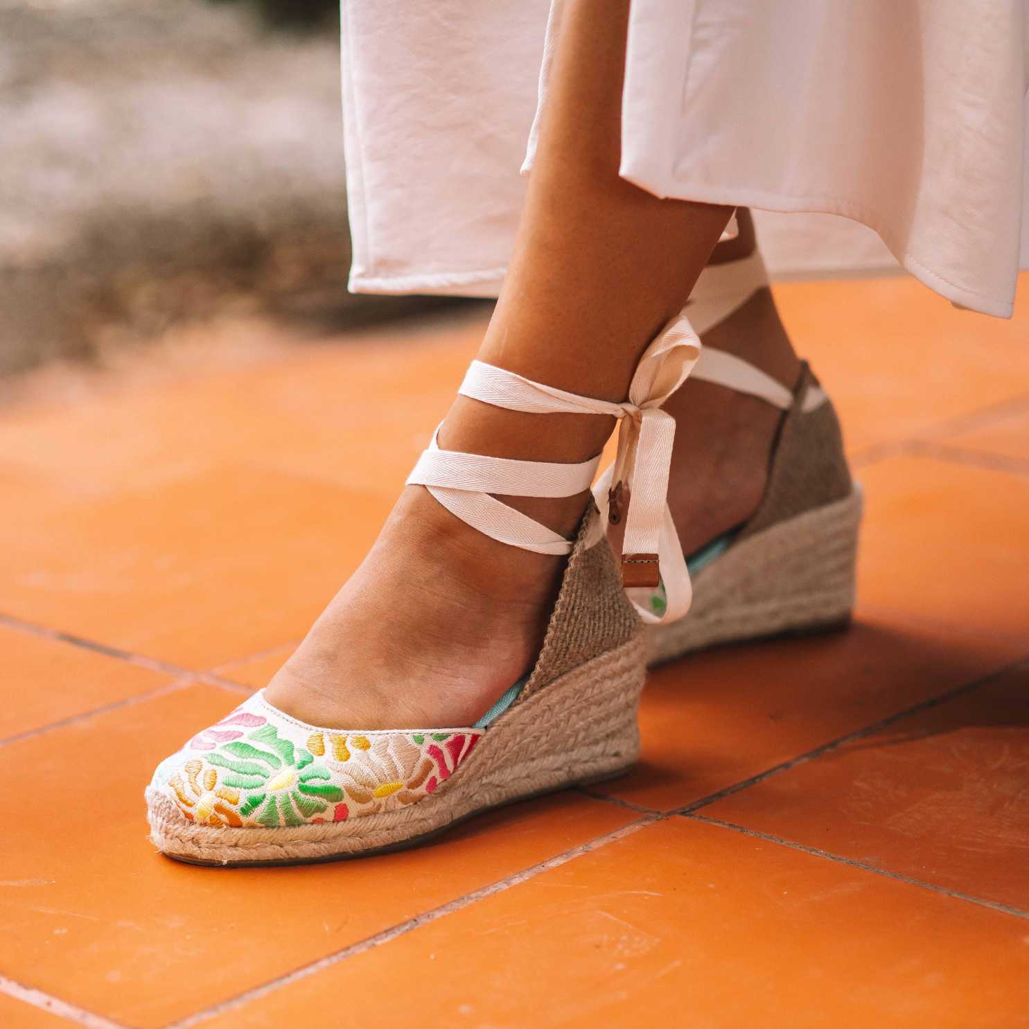 Vegan Multicolored Embroidery Wedge Espadrilles for Women - Comfortable Summer Sandals with Floral Design | Perfect for Beach, Vacation and Casual Outfits