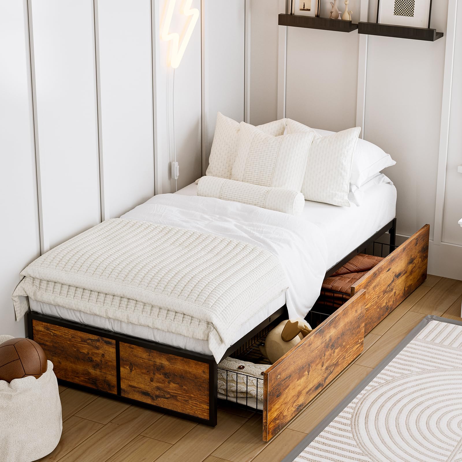GAZHOME Twin Bed Frame with 2 XL Storage Drawers - Sturdy Metal Platform Bed with Footboard, 9 Reinforced Slats (No Box Spring Required) - Easy Assembly Space-Saving Design for Small Bedrooms, Dorms & Guest Rooms