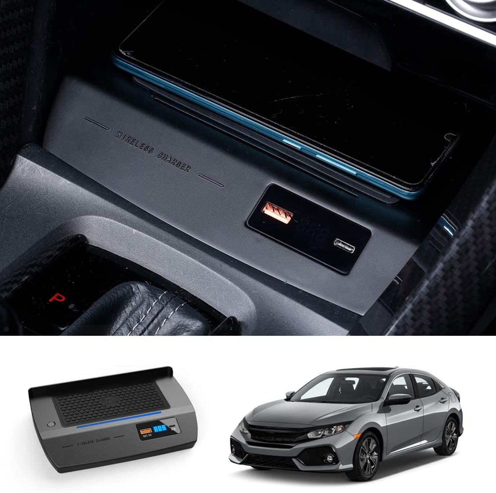 Fast 36W Qi 3.0 Wireless Car Charger Mount for Honda Civic - 3.0A Quick Charging Station Compatible with iPhone 15/14/13, Samsung Galaxy S23/S22, Qi-Enabled Phones - Dual USB Ports for Simultaneous Charging - Perfect for Commuting & Road Trips