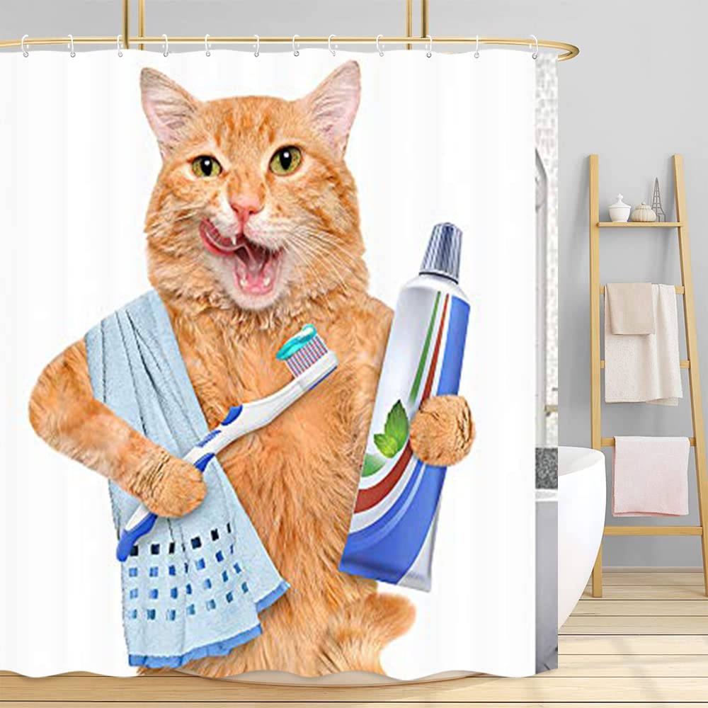Funny Cat with Toothpaste on Toothbrush Shower Curtain - 69x75 Inches Polyester Bathroom Decor for Kids & Teens - Waterproof, Hooks Included - Perfect for Bathroom, Dorm, or Kids' Room Decor