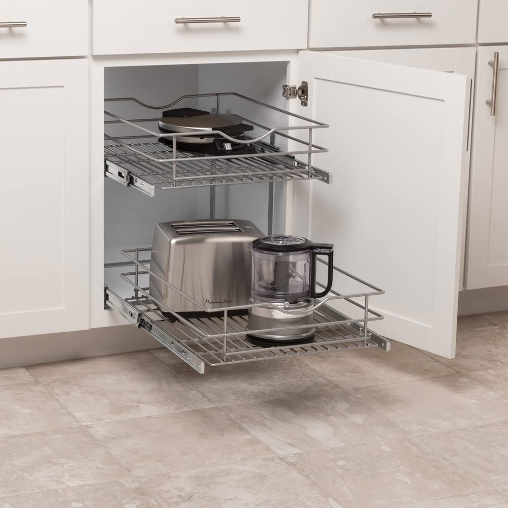 Knape & Vogt 17.5-inch Wide 2-Tier Pull Out Cabinet Basket Organizer - Frosted Nickel Finish for Kitchen, Bathroom & Pantry Storage (14.7-inch Height) | Space-Saving Shelf Solution for Spices, Utensils & Cleaning Supplies