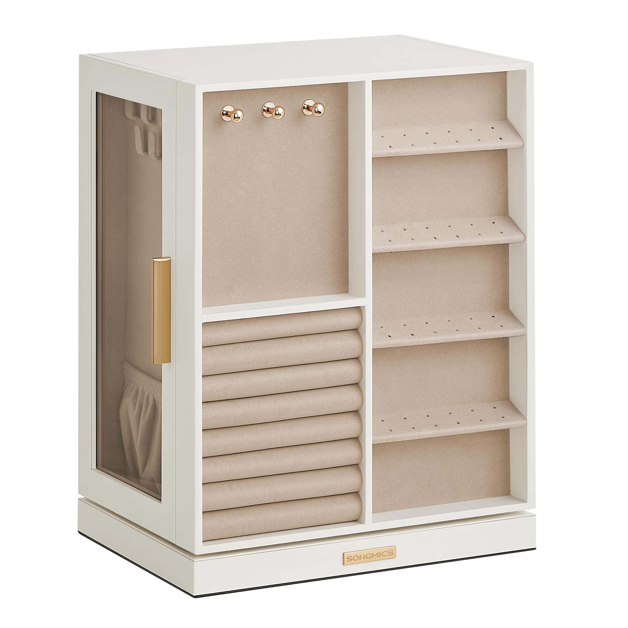 360° Rotating Jewelry Organizer Box with 5 Drawers & Glass Window - Spacious Vertical Jewelry Storage Case for Necklaces, Rings & Earrings - Perfect Gift for Women (Cloud White) | Bedroom Vanity, Closet & Travel Jewelry Organizer