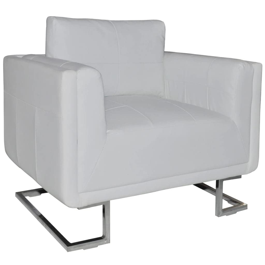 Modern White Leather Cube Armchair with Chrome Accents - Upholstered Accent Chair for Living Room, Bedroom & Office - Comfy Reading Chair for Relaxing, Lounging & Home Decor