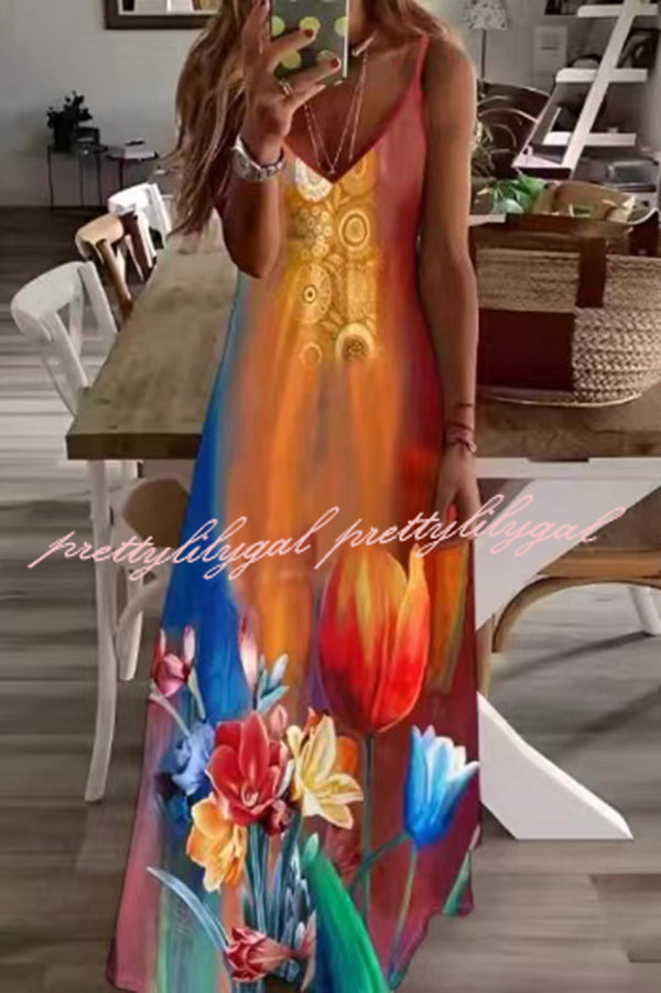 Stylish Printed V-Neck Maxi Dress with Suspenders - Perfect for Casual Outings, Beach Vacations & Summer Parties
