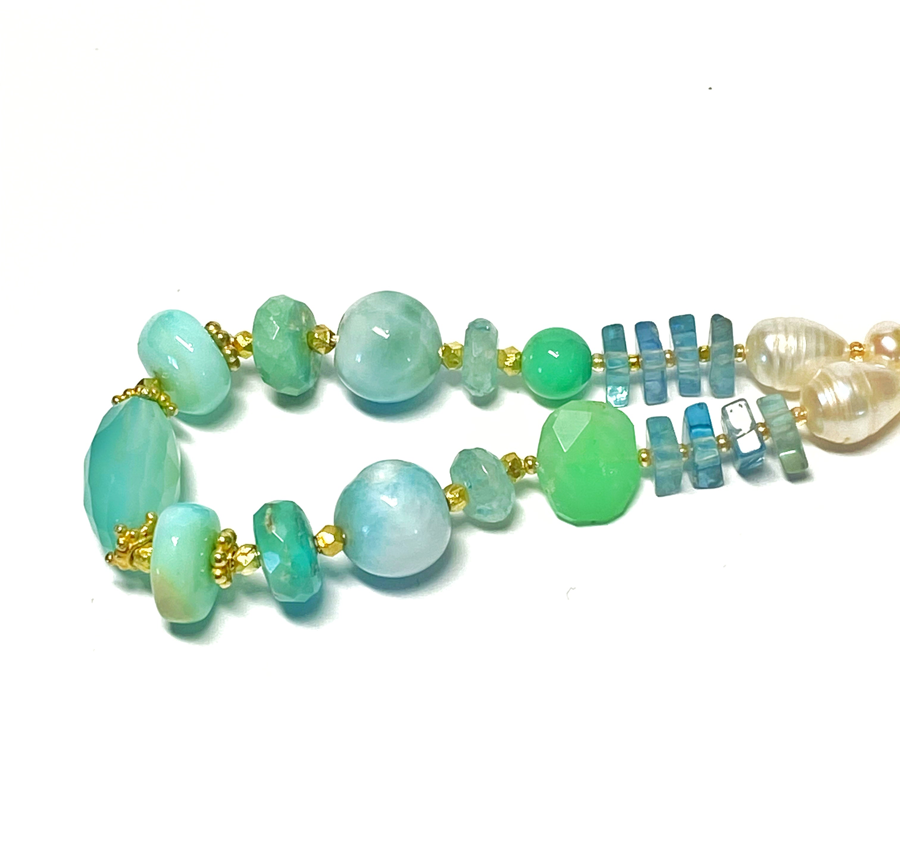 Elegant Pearl & Gemstone Bracelet - Aqua Chalcedony & Larimar Beaded Jewelry for Women | Perfect for Beach Weddings, Summer Outfits & Boho Fashion