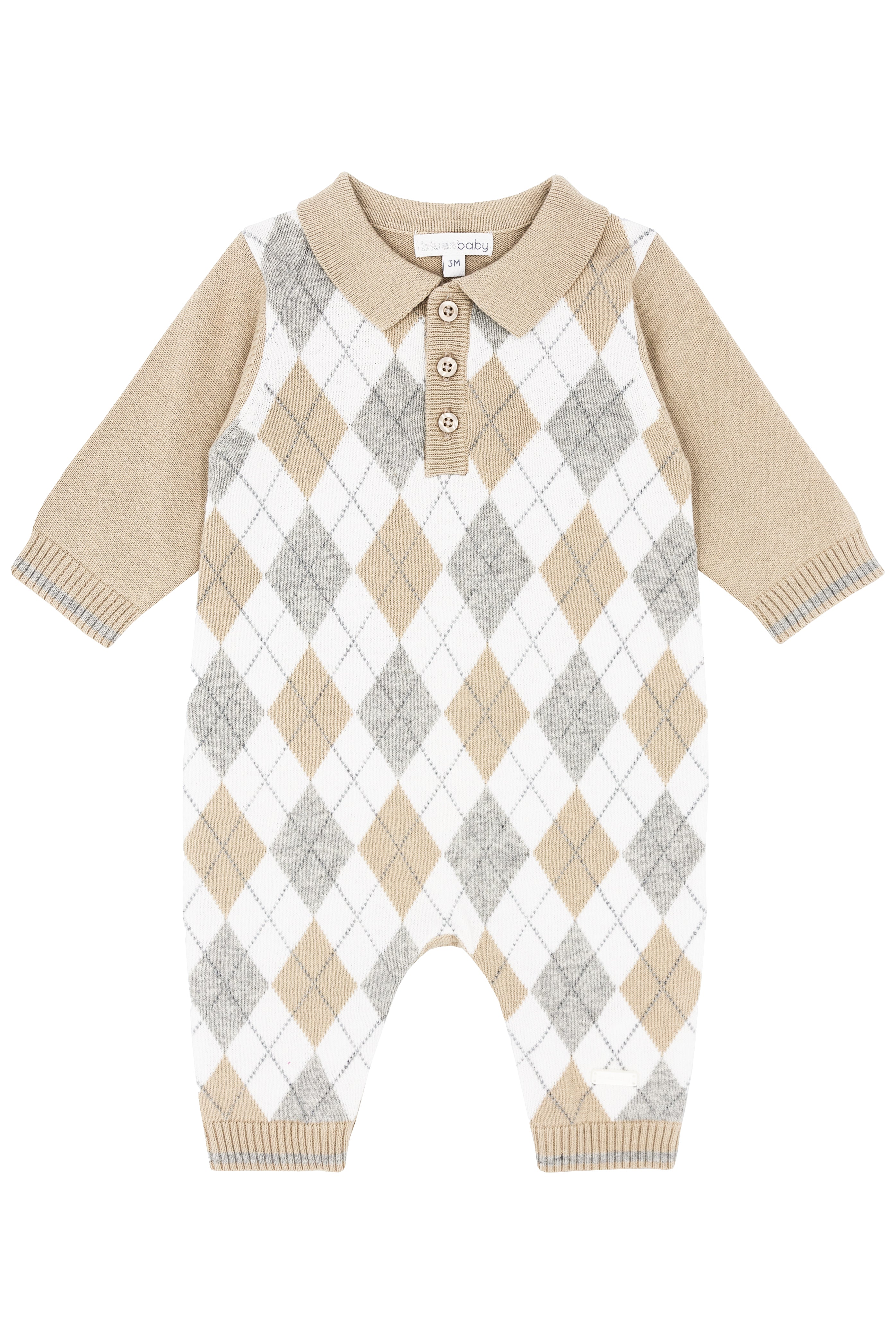 Logan Beige & Grey Argyle Knit Romper for Baby - Soft Cotton Jumpsuit with Diamond Pattern - Perfect for Photoshoots, Family Outings & Special Occasions