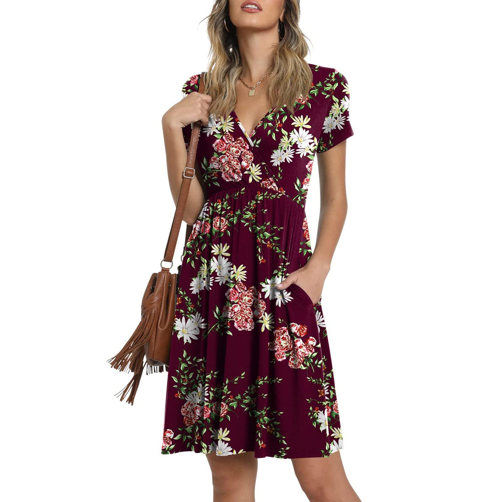 Women's Summer Sundress - Casual Loose V-Neck Short Sleeve Smocked Elegant Dress | Soft Flowy Going Out Dress for Beach, Vacation & Date Night