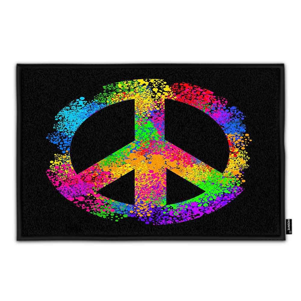 Vintage Hippie Love & Peace Doormat with Victory Hand Symbol - Non-Slip Bathroom Rug for Shower, Bedroom, Toilet & Entryway - Boho Home Decor for Peaceful Vibes