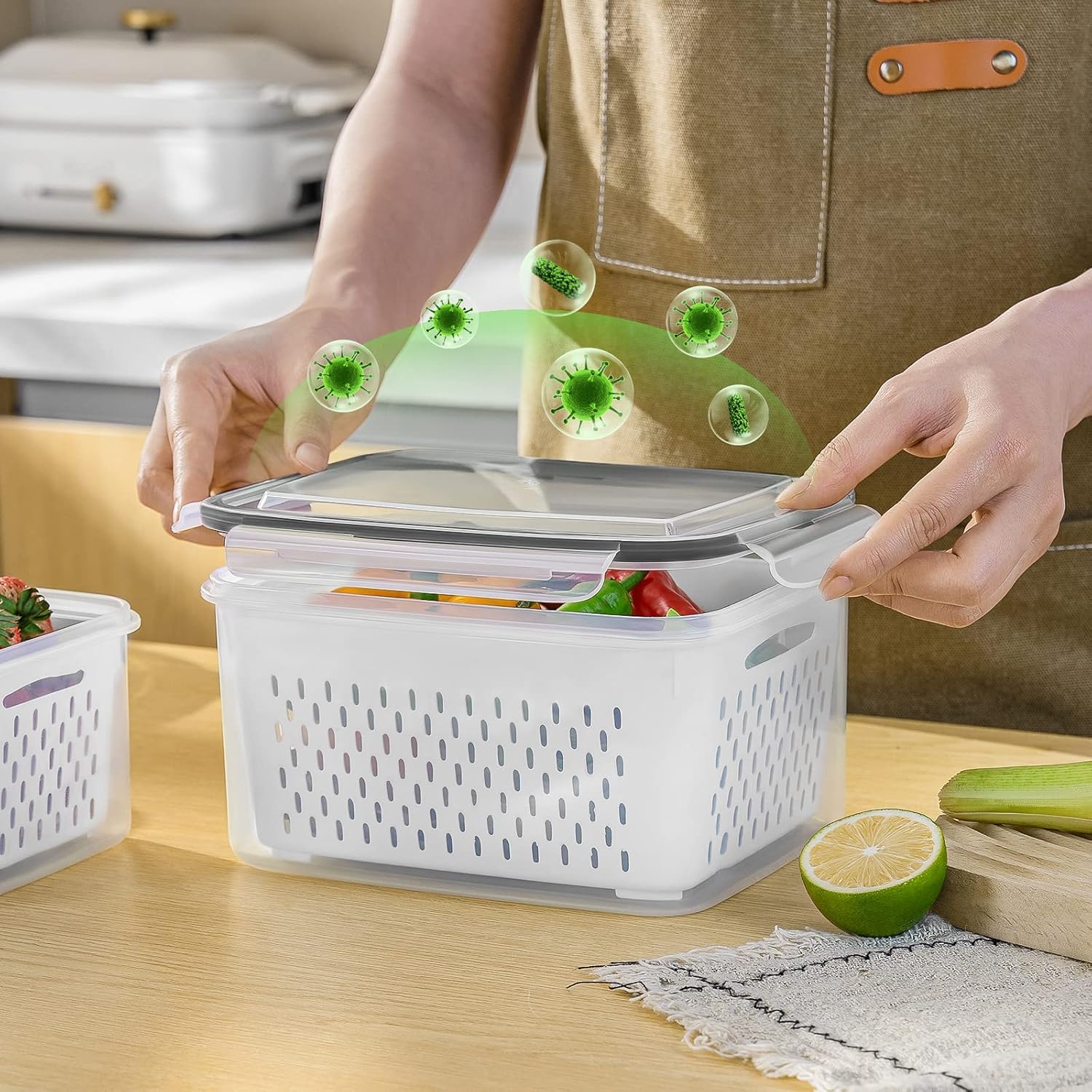 4-Piece Leakproof Food Storage Containers with Removable Colander & Chopper Set - Dishwasher & Microwave Safe Fridge Organizers for Fresh Fruits & Vegetables | Perfect for Meal Prep, Snack Storage & Kitchen Organization