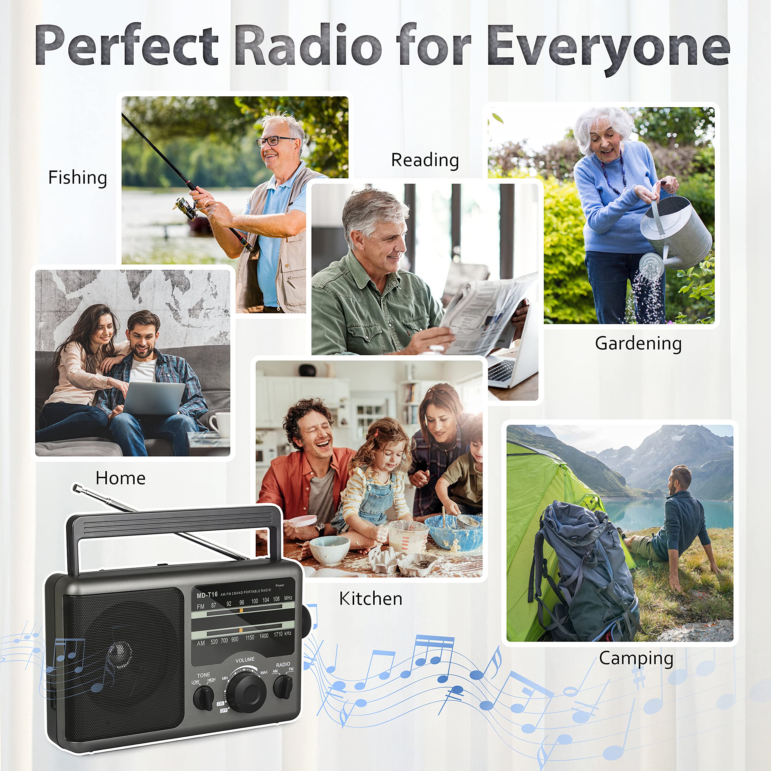 Greadio AM FM Portable Radio with 3.5mm Headphone Jack, High/Low Tone Mode, Large Speaker - Battery or AC Powered for Home, Camping, Emergency & Outdoor Use