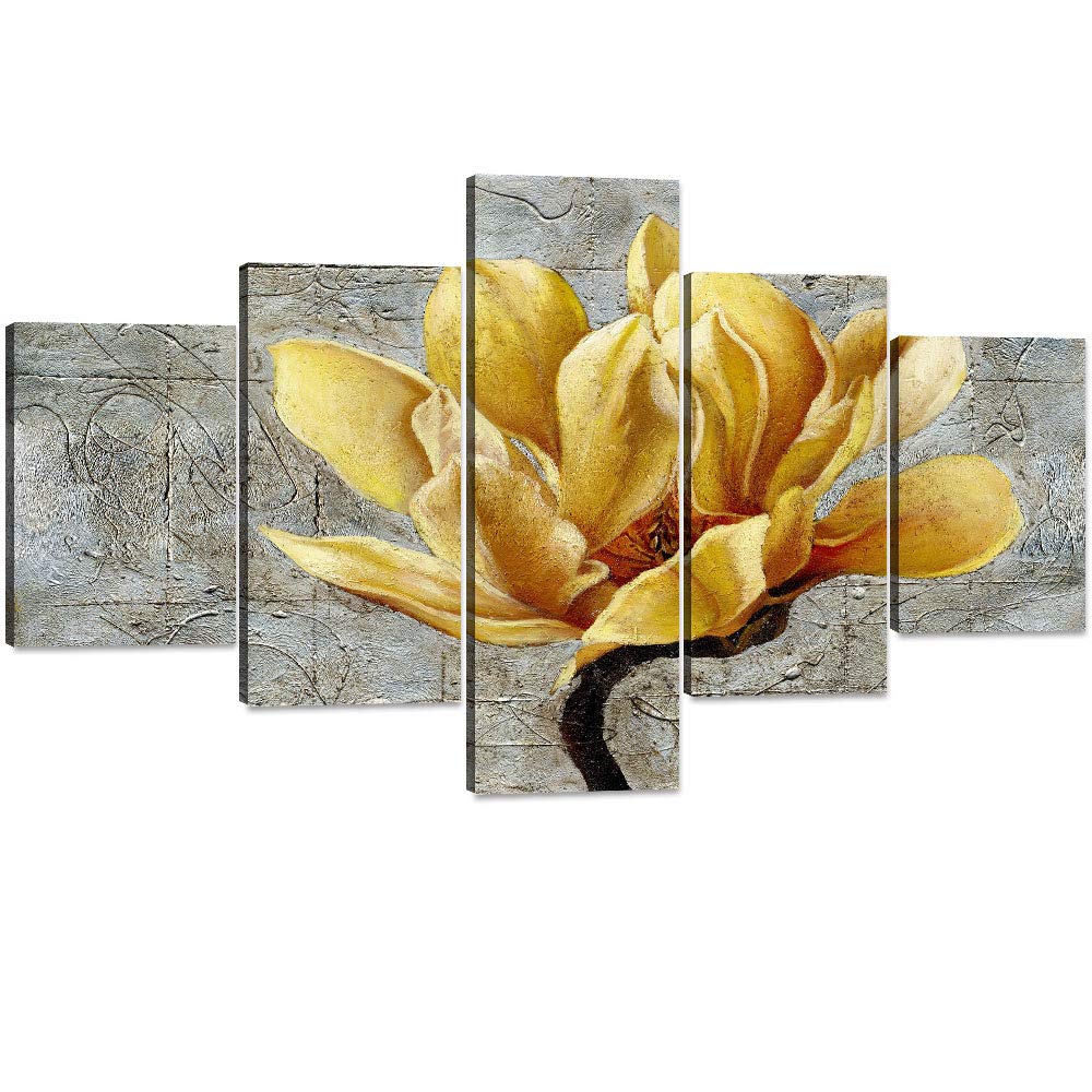 5 Panels Modern Flower Canvas Art - Gold Orchid Giclee Oil Painting Print on Wooden Frame for Wall Decor (70''W x 40''H) - Perfect for Living Room, Bedroom & Office