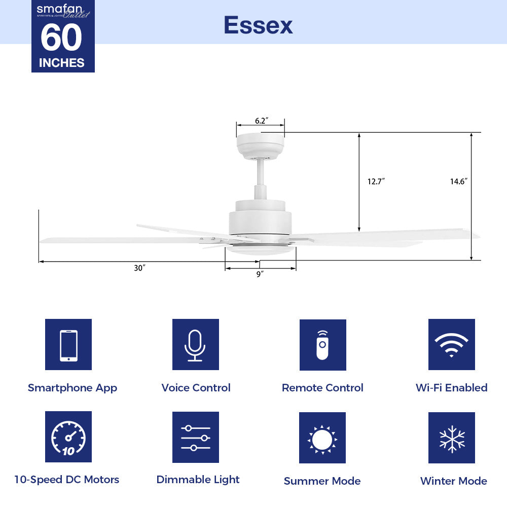 Essex Smart Ceiling Fan with LED Light and Remote Control - 60 Inch Indoor/Outoor Use - Perfect for Patio, Bedroom, Living Room and Office Spaces