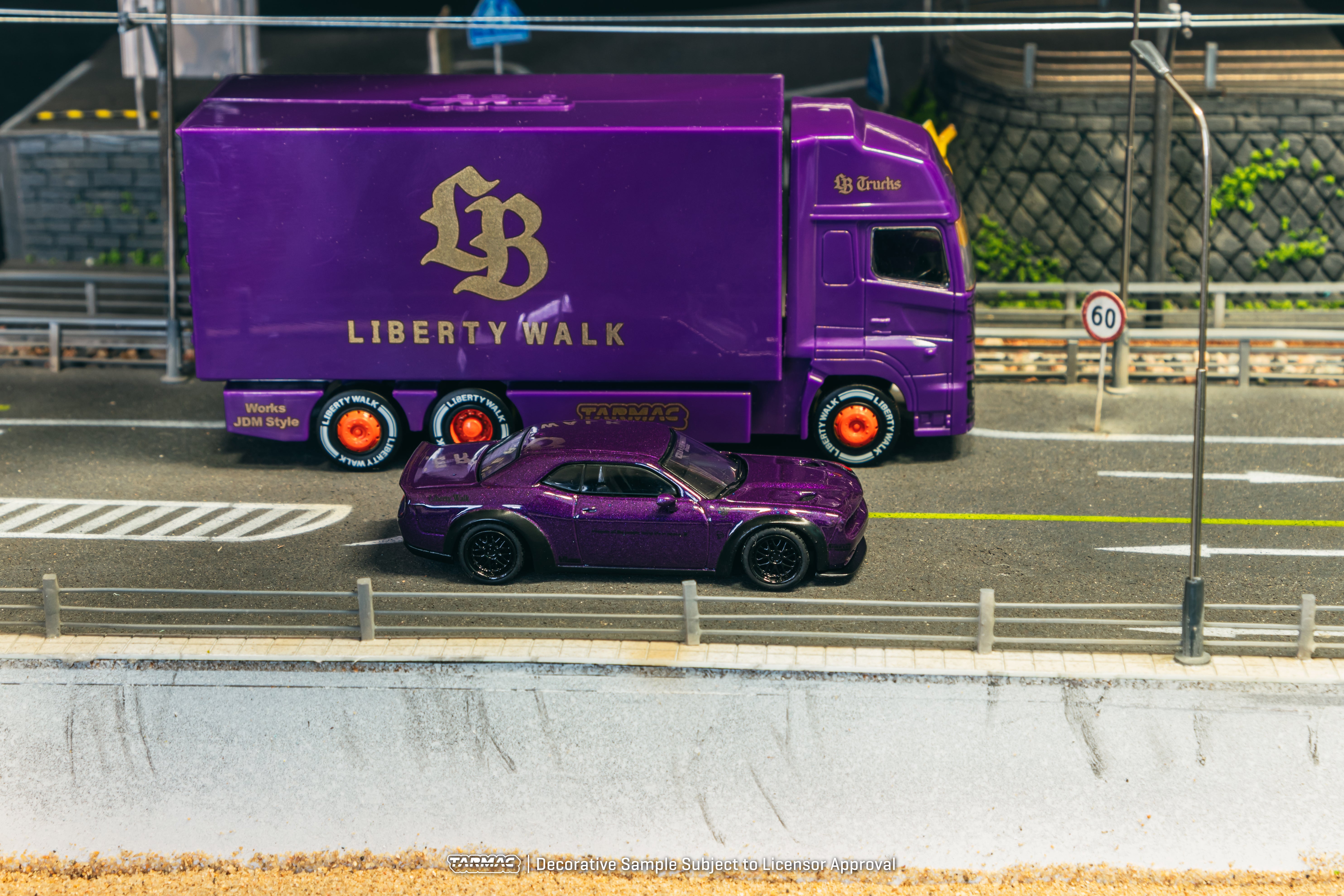 Tarmac Works 1/64 LB WORKS Dodge Challenger SRT Hellcat Purple Diecast Model Car with Truck - Collectible Miniature for Display, Racing Enthusiasts & Car Lovers