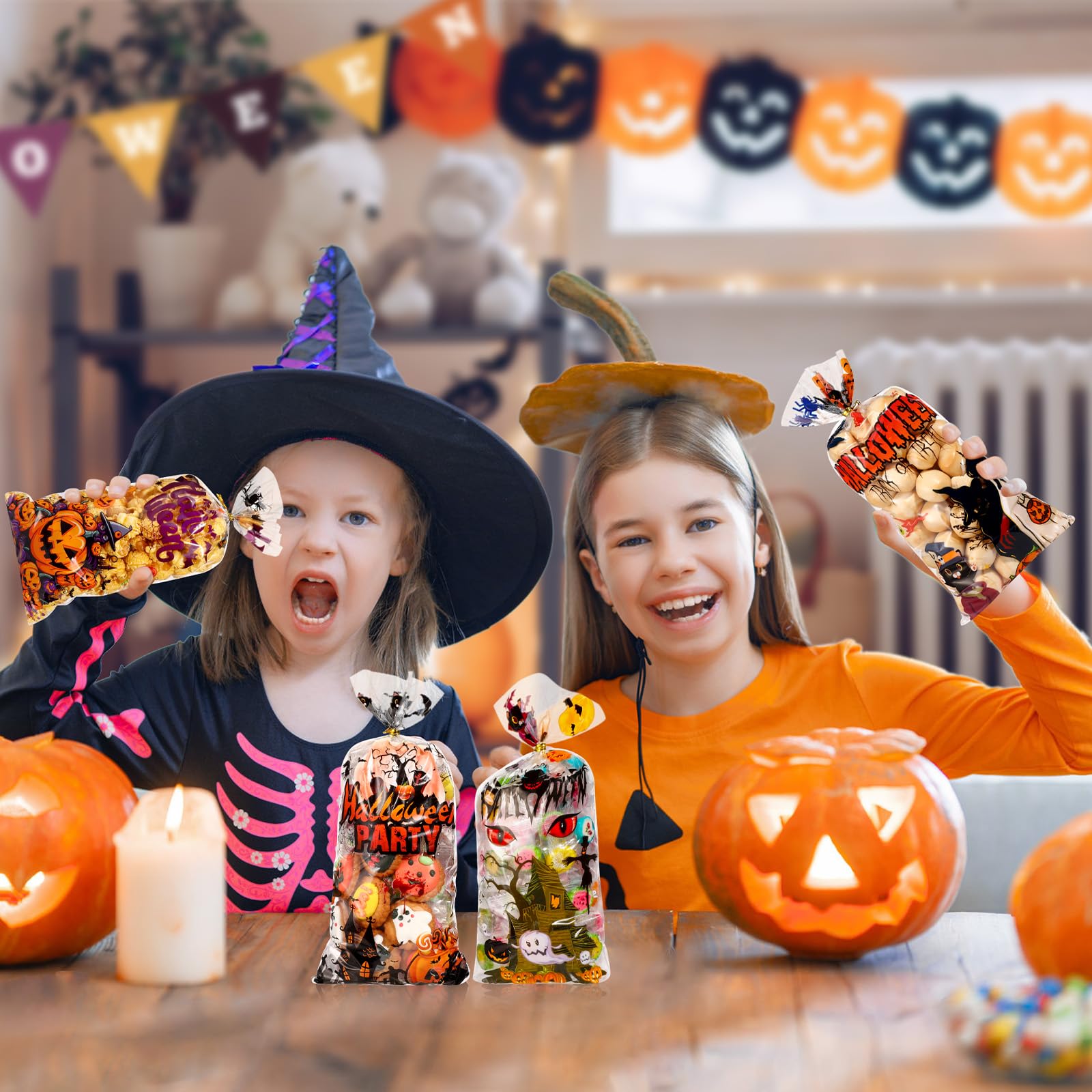 BBPOOL Halloween Treat Bags - 160pcs Clear Plastic Goodie Bags with Twist Ties for Candy, Cookies & Snacks | Trick or Treat Party Favors, Gift Wrapping & Halloween Party Supplies | Perfect for Classroom Treats, Neighborhood Trick-or-Treating & Halloween Events