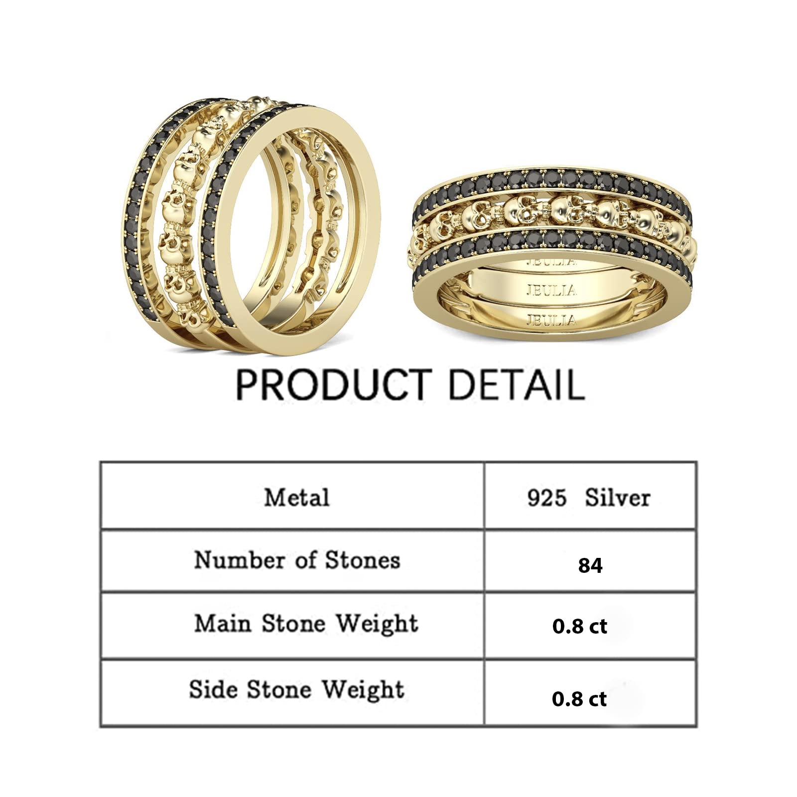 Jeulia 3PC Yellow Gold Tone Skull Band Ring Set for Women & Men - Sterling Silver Eternity Wedding Band with Round Cut Cubic Zirconia - Anniversary Promise Ring for Her, Bride - Jewelry Gift Box Included - Perfect for Valentine's Day, Engagement & Couple Gifts