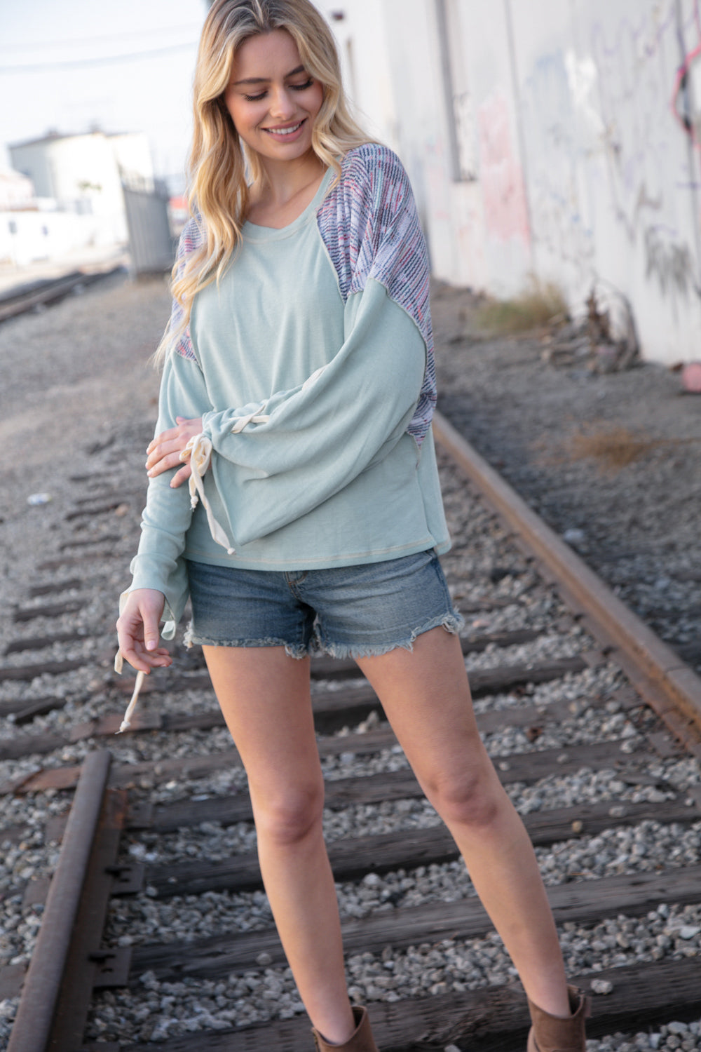 Stylish Mint Lace-Up Long Sleeve French Terry Oversized Pullover Sweatshirt | Women's Casual Loungewear for Fall & Winter | Perfect for Coffee Dates, Weekend Errands and Cozy Nights