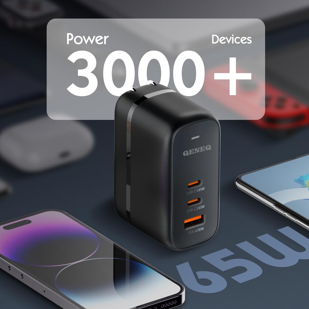 QENEQ GaN 65W USB C Fast Charger with 3 Ports, Foldable Wall Charger & Universal Travel Adapter (EU/UK Plug) - Compatible with MacBook, iPad Pro/Air, iPhone 15/16, Samsung S24, Laptop, Steam Deck - Perfect for Travel, Office & Home Use