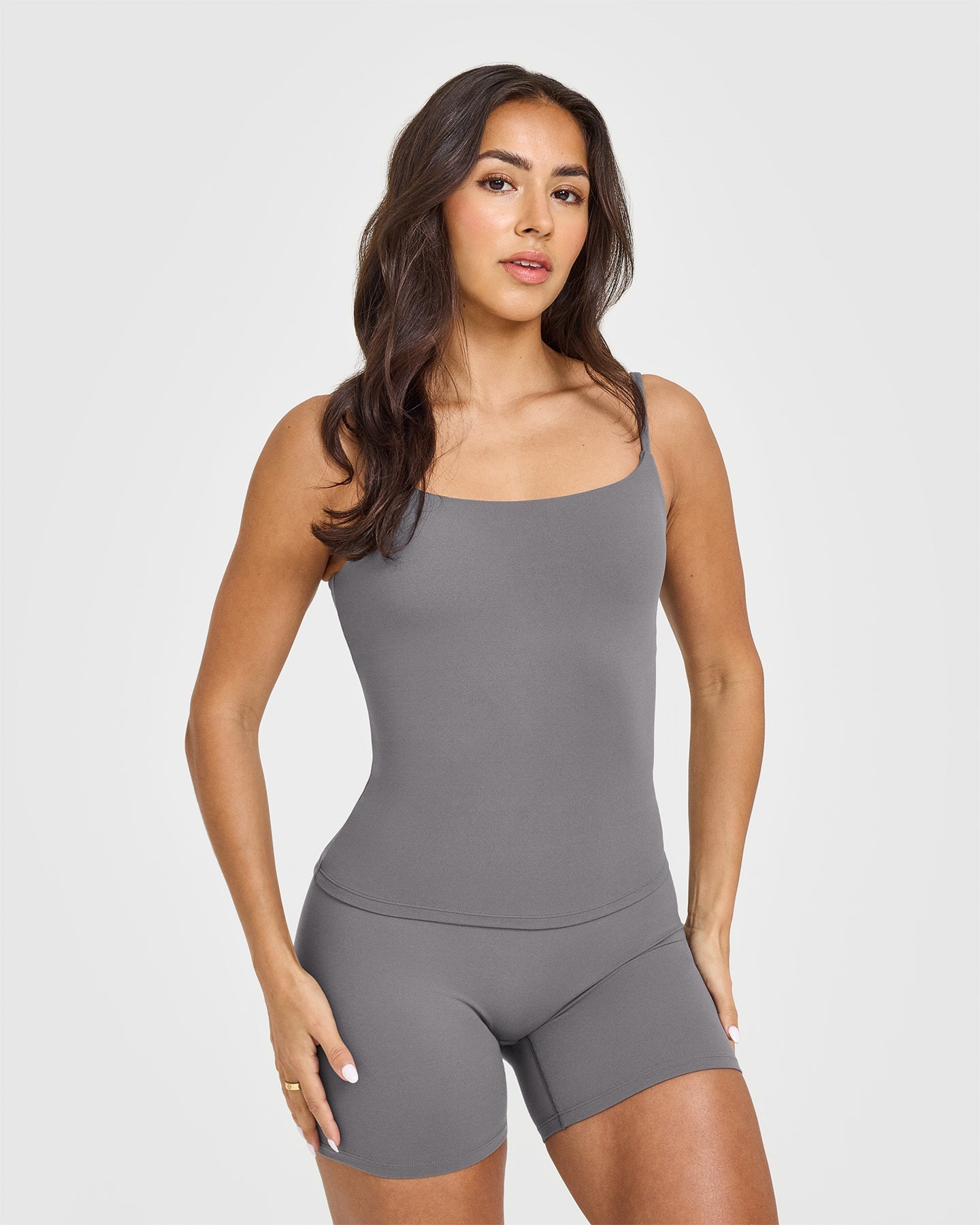 SoftMotion™ Strappy Vest with Built-in Bra Shelf - Ash Grey | Seamless Comfort for Yoga, Workouts & Lounge Wear