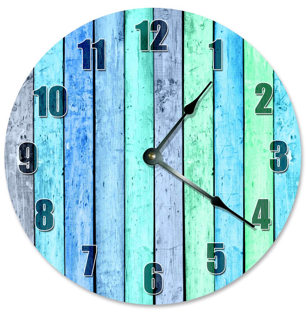 Blue Green Teal Round Wall Clock - 10.5 Inch Decorative Wooden Clock for Home & Office - Unique Printed Wood Board Wall Art - Perfect for Living Room, Bedroom, Kitchen Decor