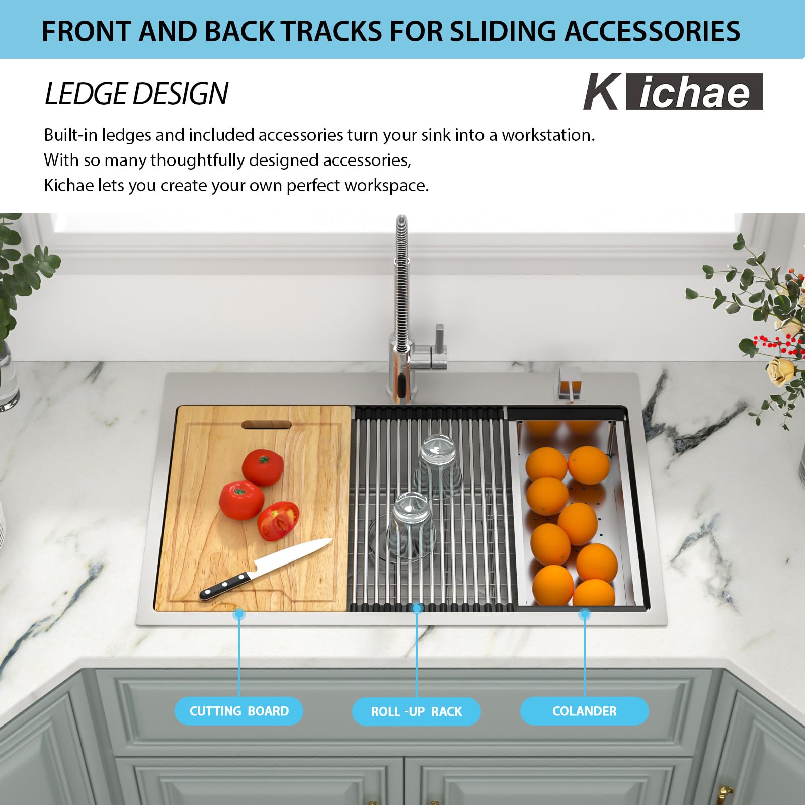 Kichae 33 x 22 Inch Drop-In Kitchen Sink - 16 Gauge Stainless Steel Single Bowl with Ledge Workstation | Topmount Installation for Food Prep & Dishwashing
