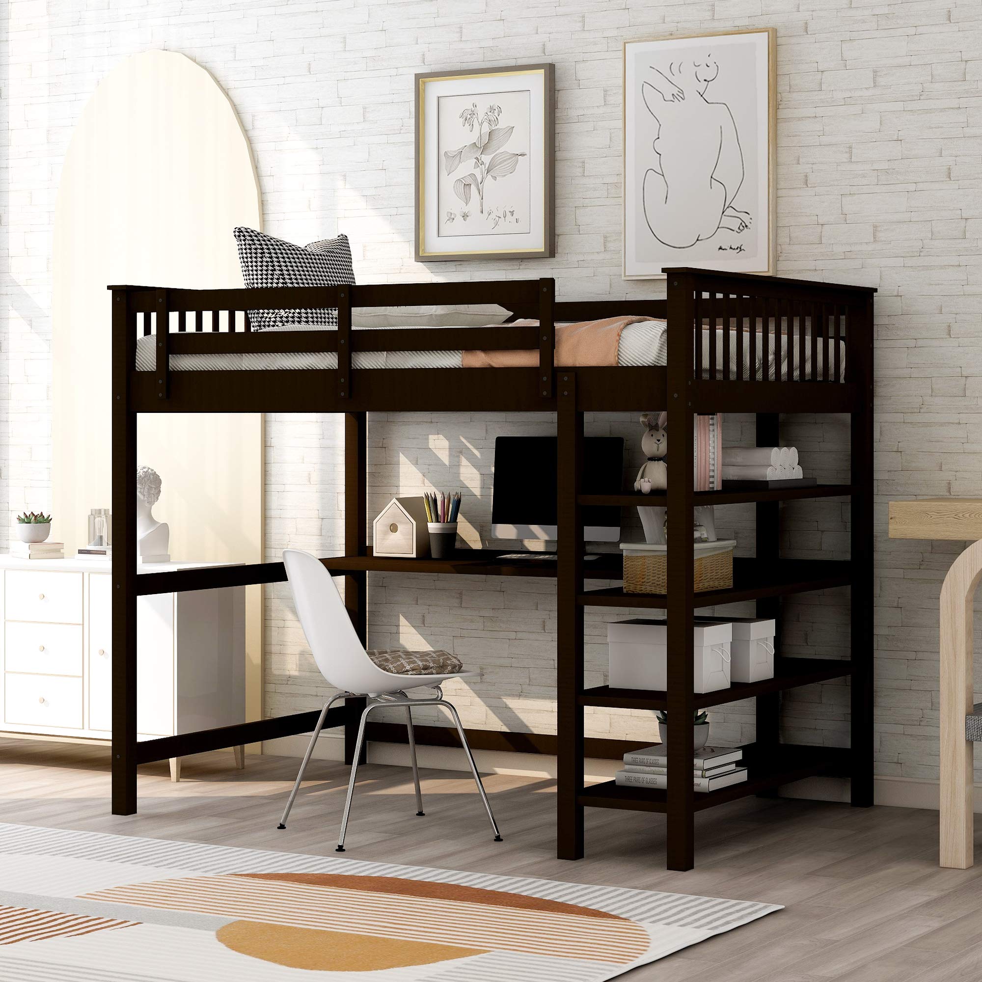 **Merax Full Loft Bed with Shelves & Desk - Solid Wood Loft Bed Frame, Full Size (Espresso) - Perfect for Small Spaces, Dorms, Kids & Teens Rooms**