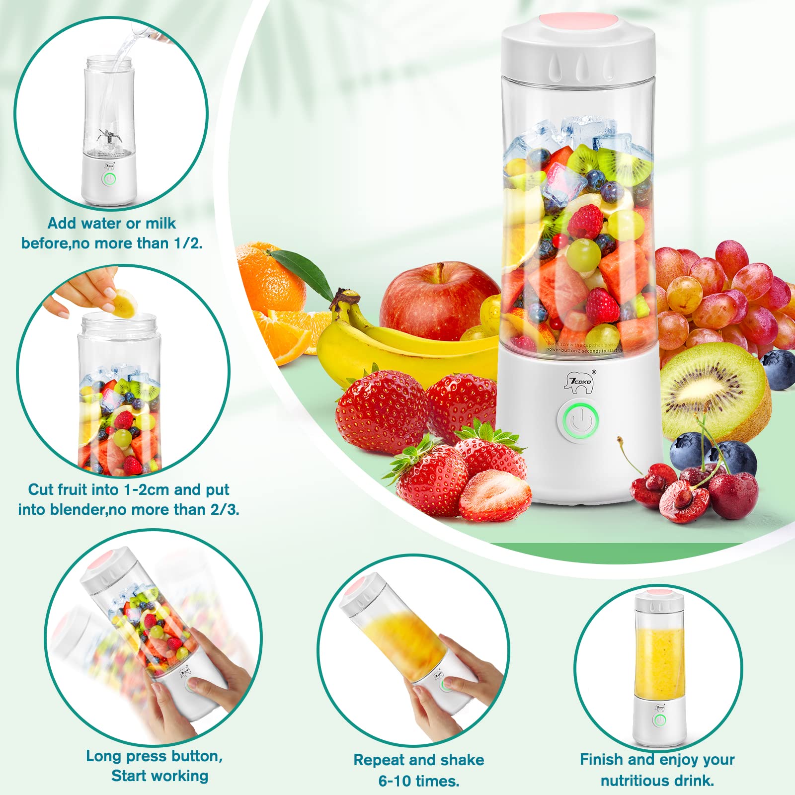 Portable USB Rechargeable Blender for Smoothies, Shakes & Protein Drinks - Personal Travel Blender Bottle for Gym, Office & Home Use